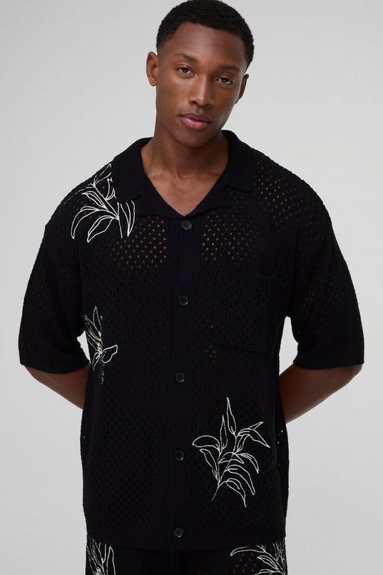 Regular Fit Floral Embroidered Open Stitch Knitted Shirt by BOOHOOMAN