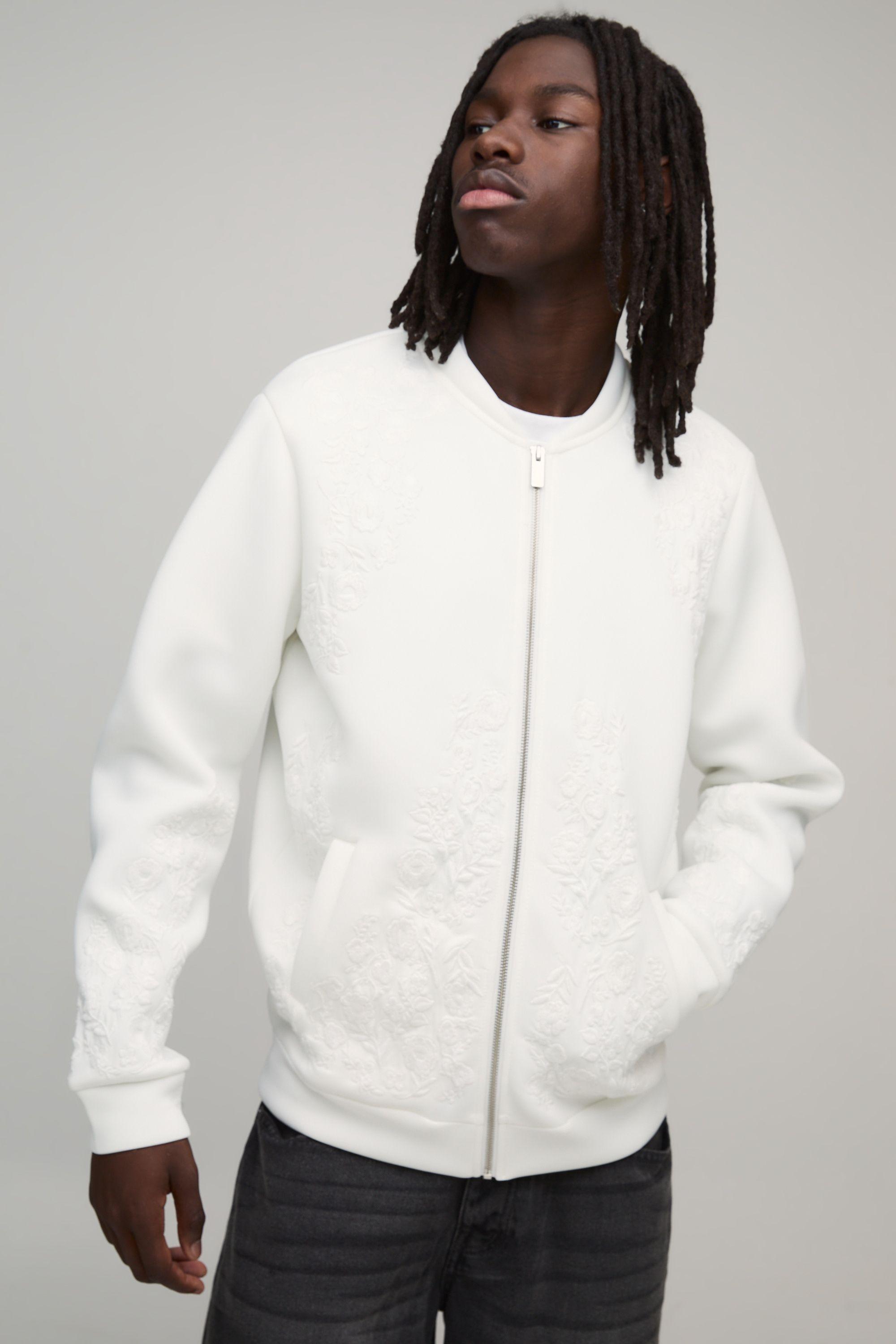 Regular Fit Floral Embroidered Scuba Bomber Jacket by BOOHOOMAN