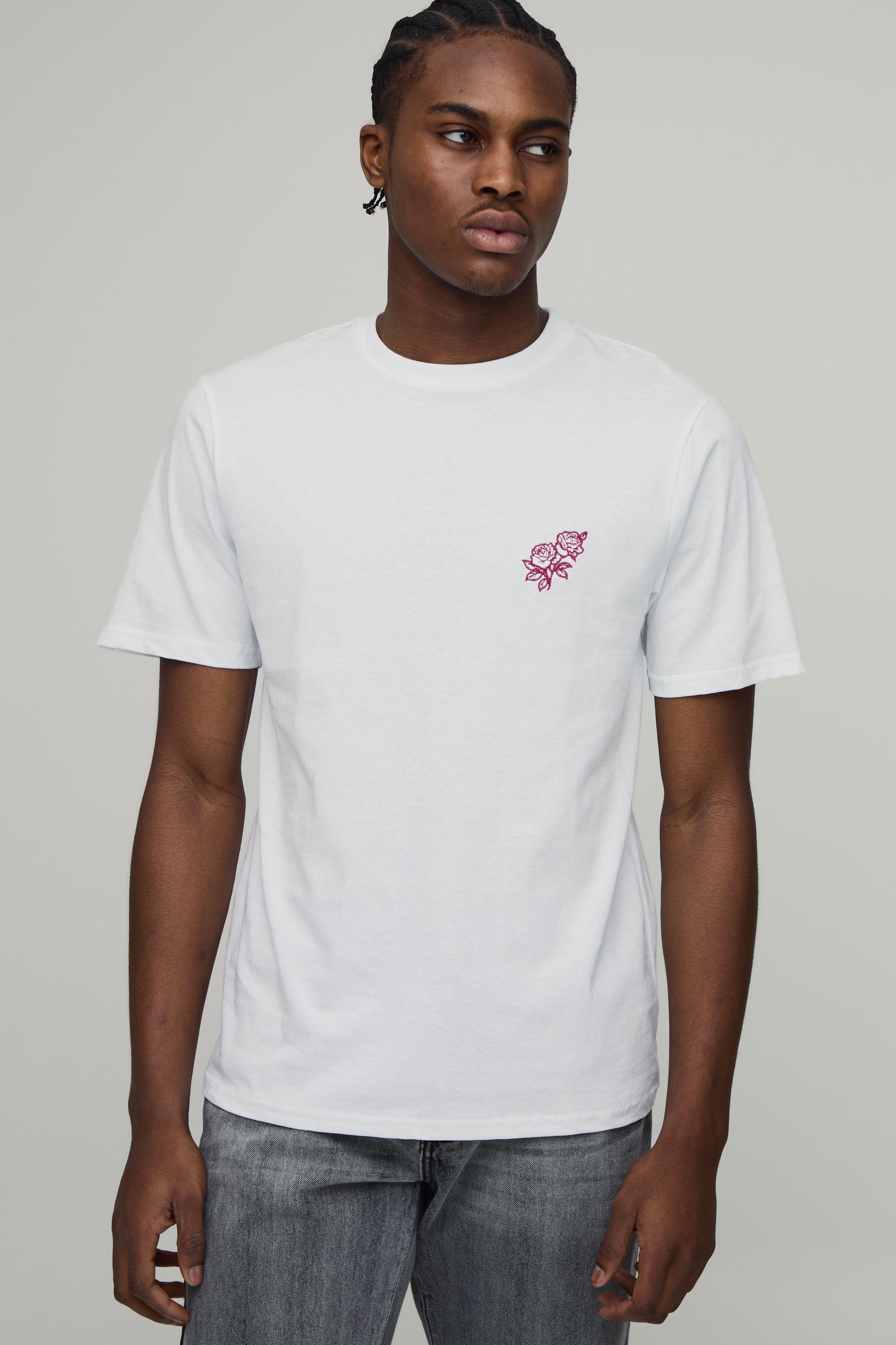 Regular Fit Floral Embroidered T-Shirt by BOOHOOMAN