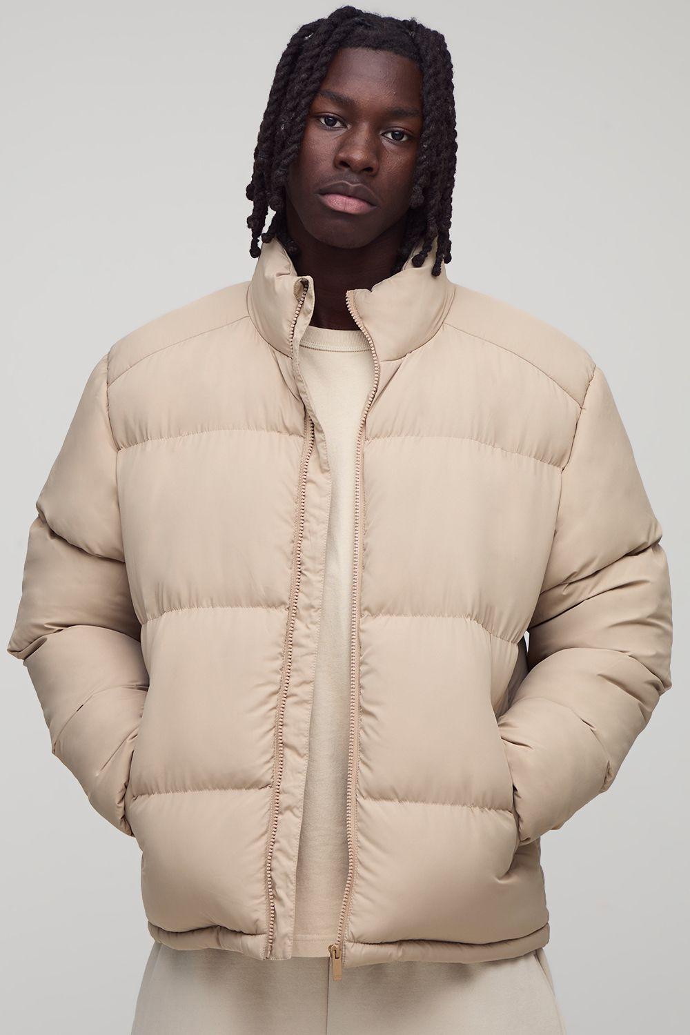 Regular Fit Funnel Neck Puffer Jacket in Stone by BOOHOOMAN