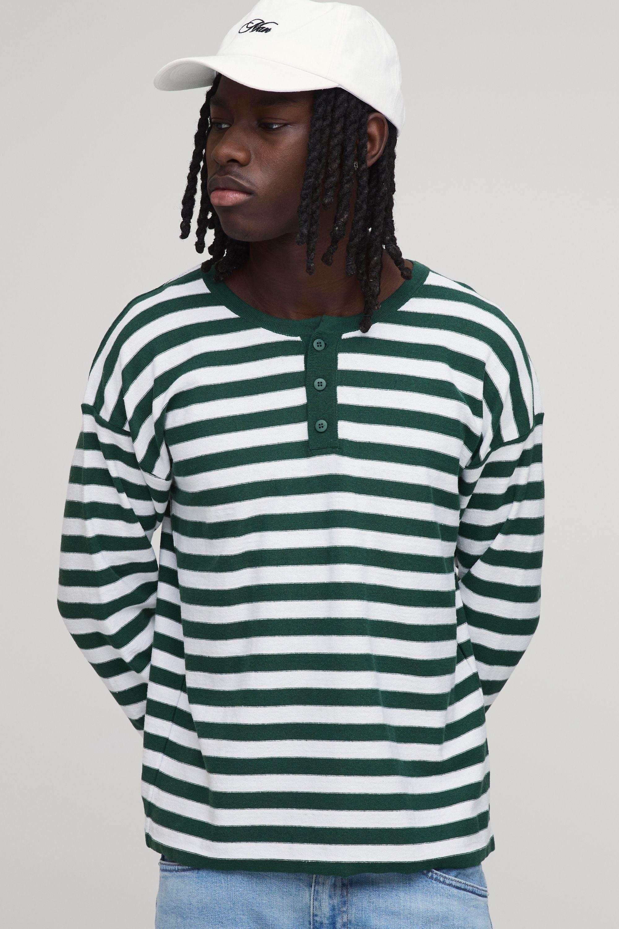 Regular Fit Henley Striped Knitted Long Sleeve T-Shirt by BOOHOOMAN