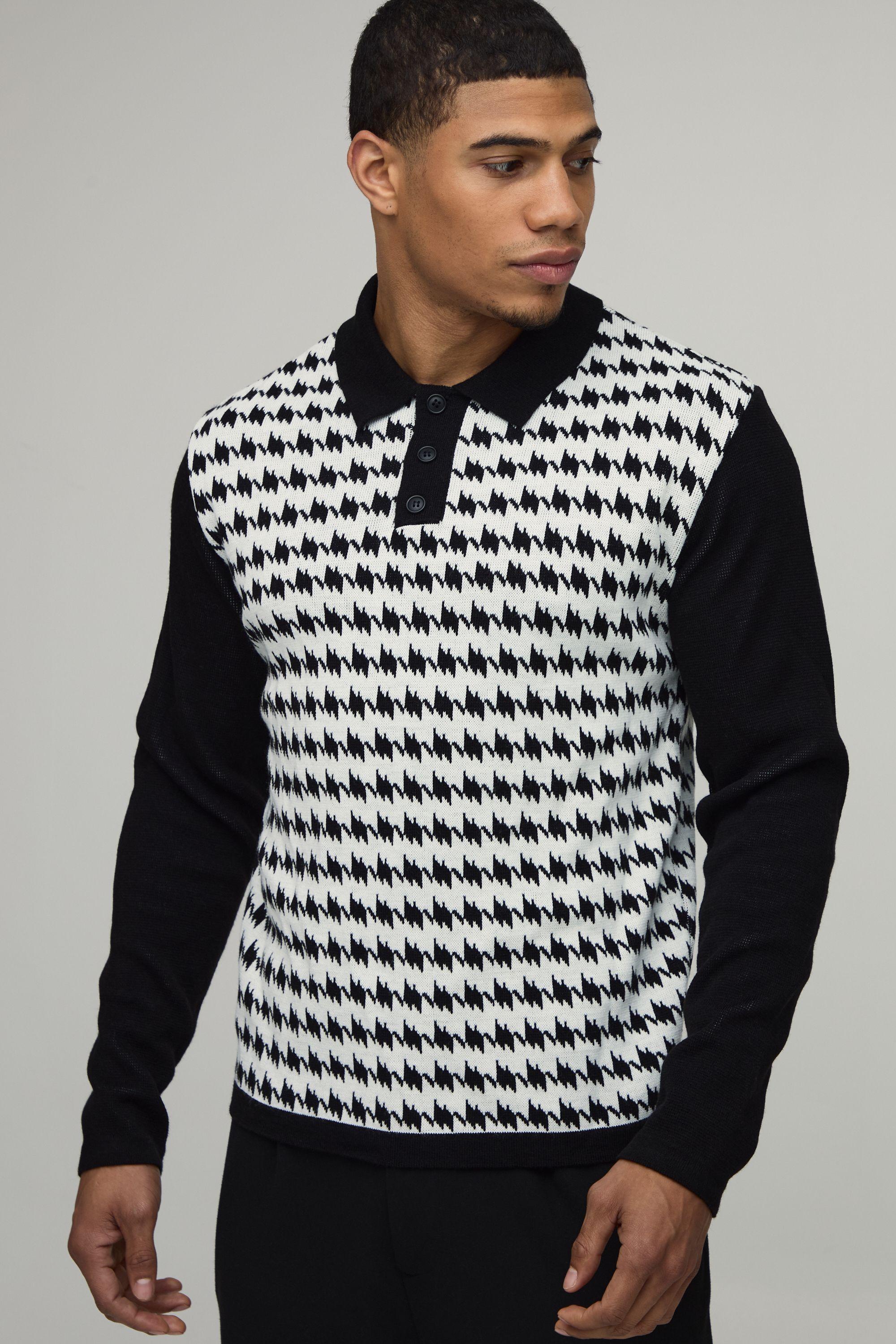 Regular Fit Houndstooth Knitted Polo by BOOHOOMAN