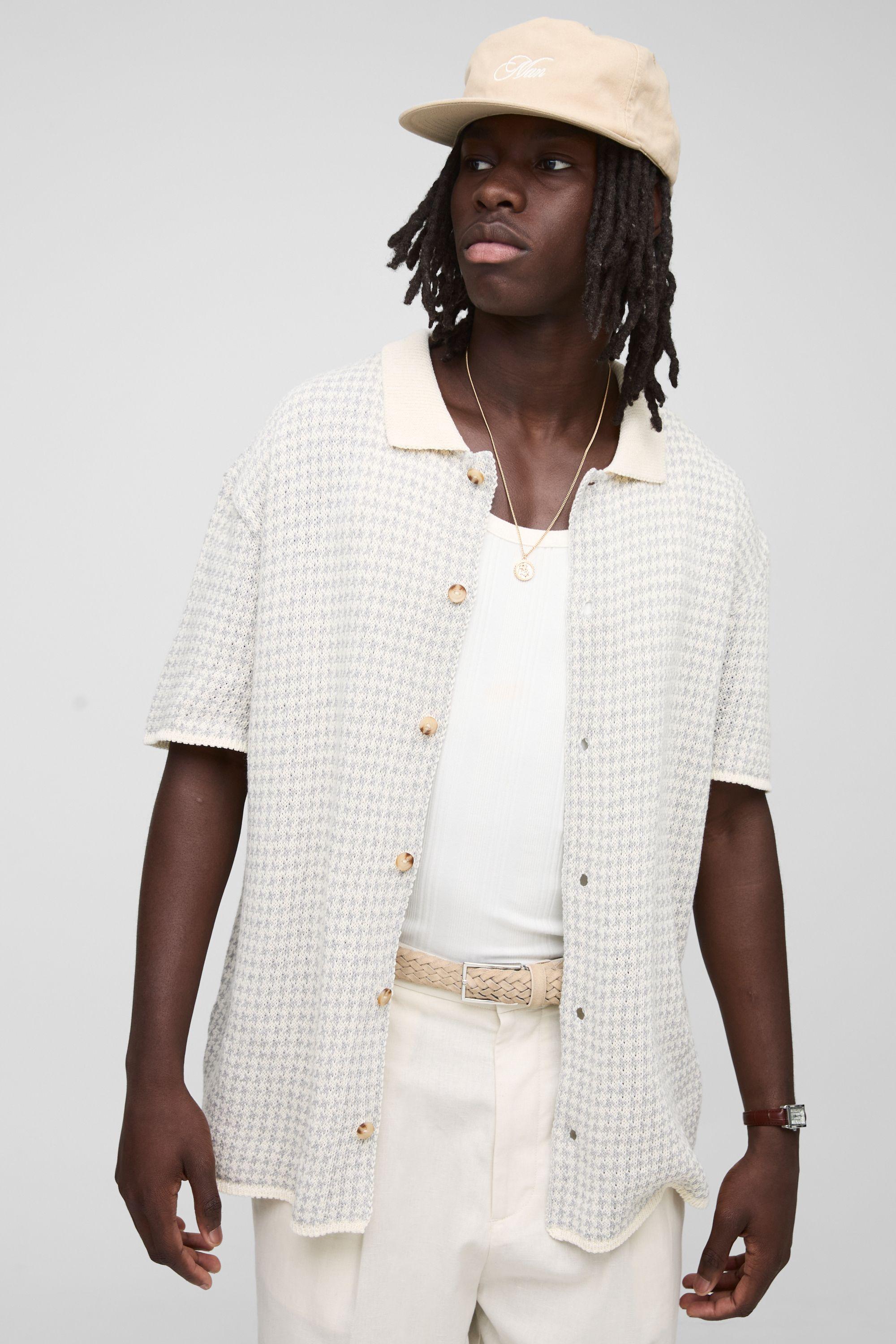 Regular Fit Houndstooth Stitch Knitted Shirt by BOOHOOMAN