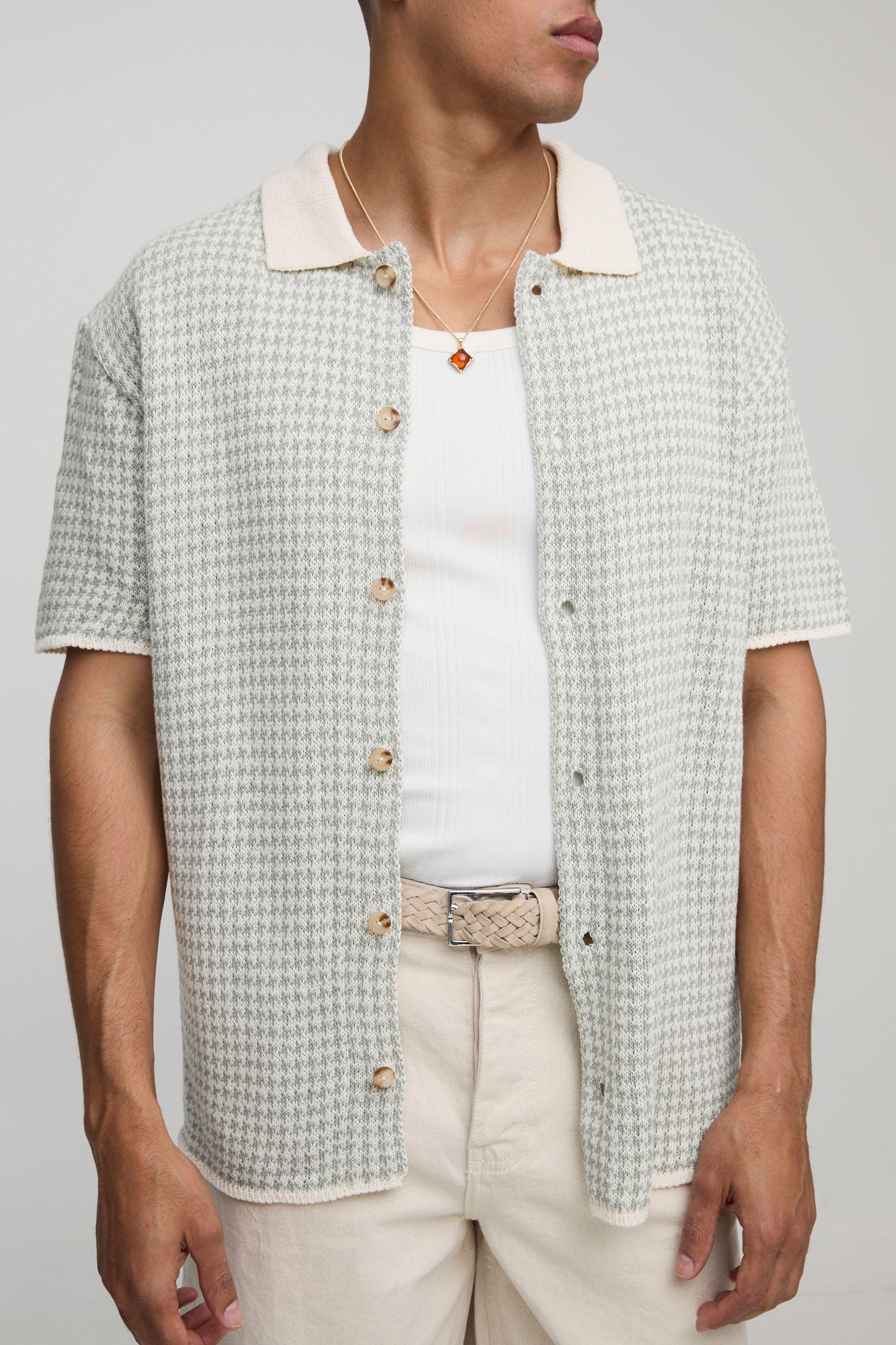 Regular Fit Houndstooth Stitch Knitted Shirt by BOOHOOMAN