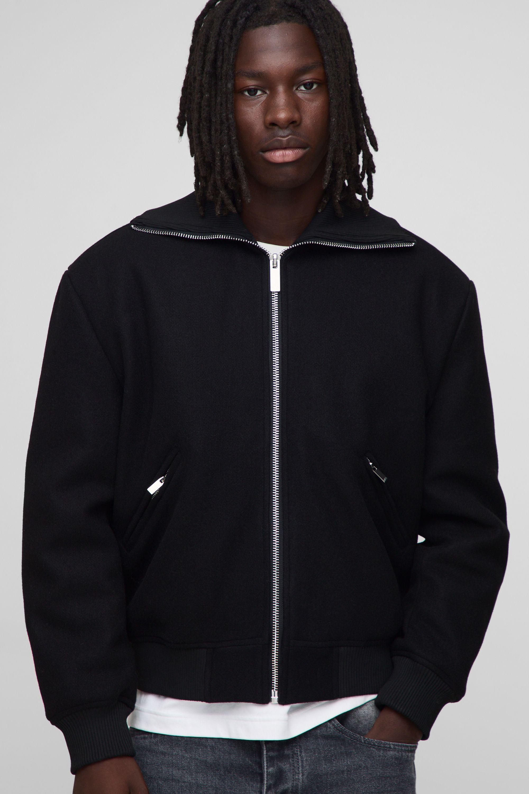 Regular Fit Knitted Collar Zip Up Wool Look Bomber Jacket by BOOHOOMAN