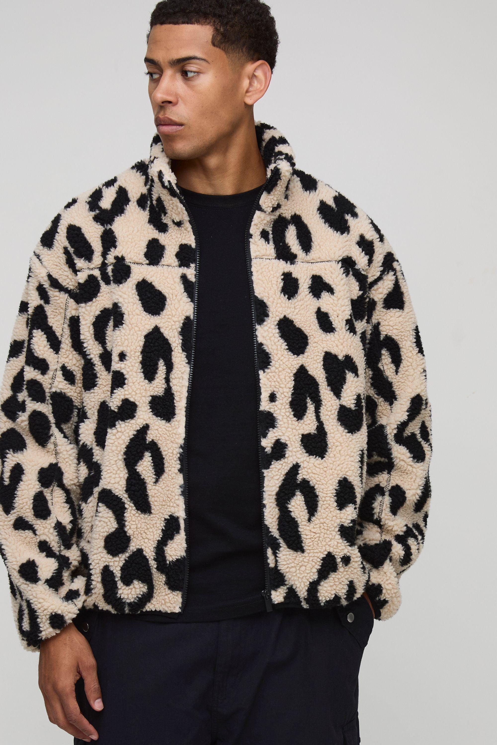 Regular Fit Leopard Print Borg Zip Through Funnel Neck Jacket by BOOHOOMAN