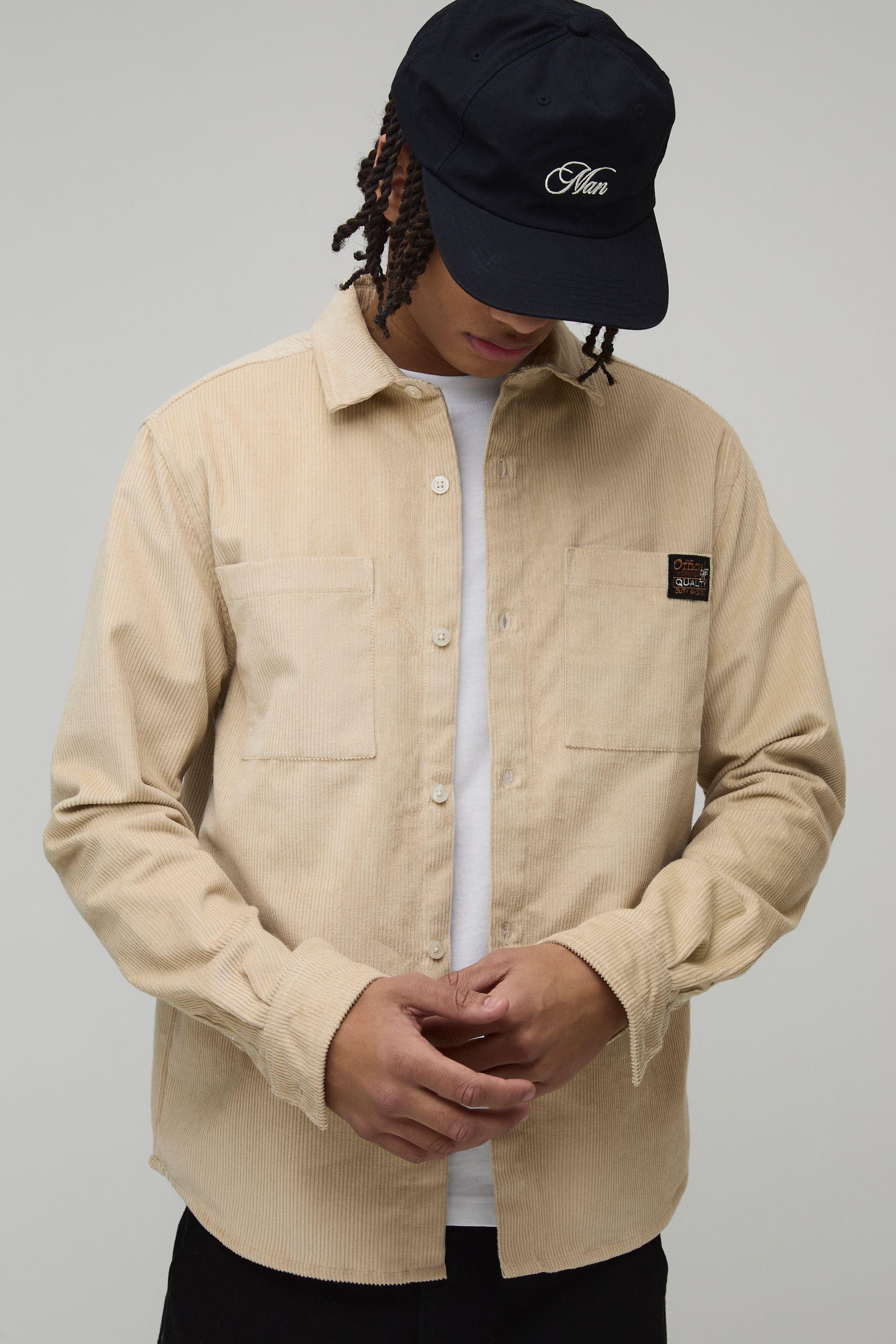 Regular Fit Long Sleeve Cord Woven Tab Overshirt by BOOHOOMAN