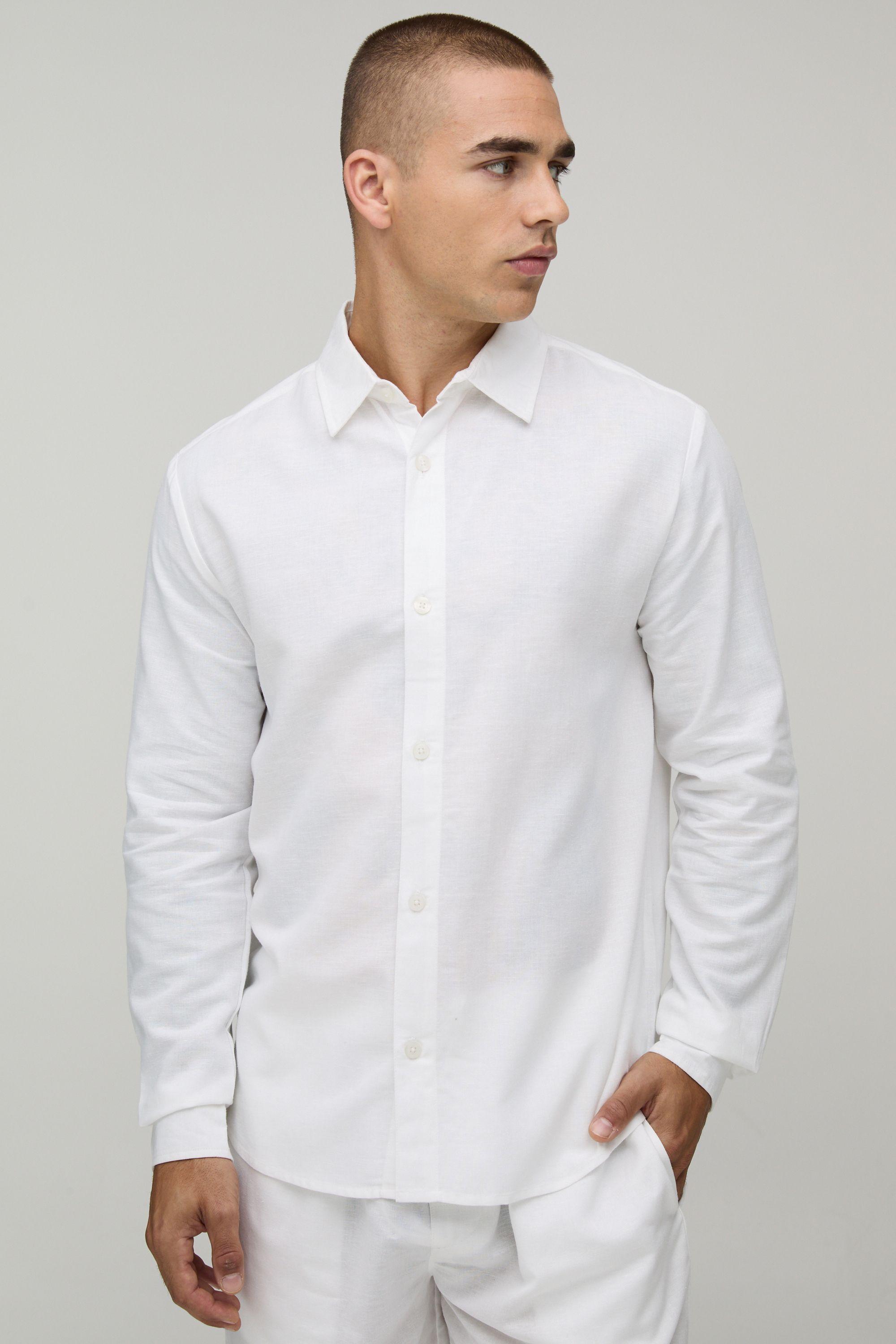 Regular Fit Long Sleeve Linen Blend Shirt by BOOHOOMAN