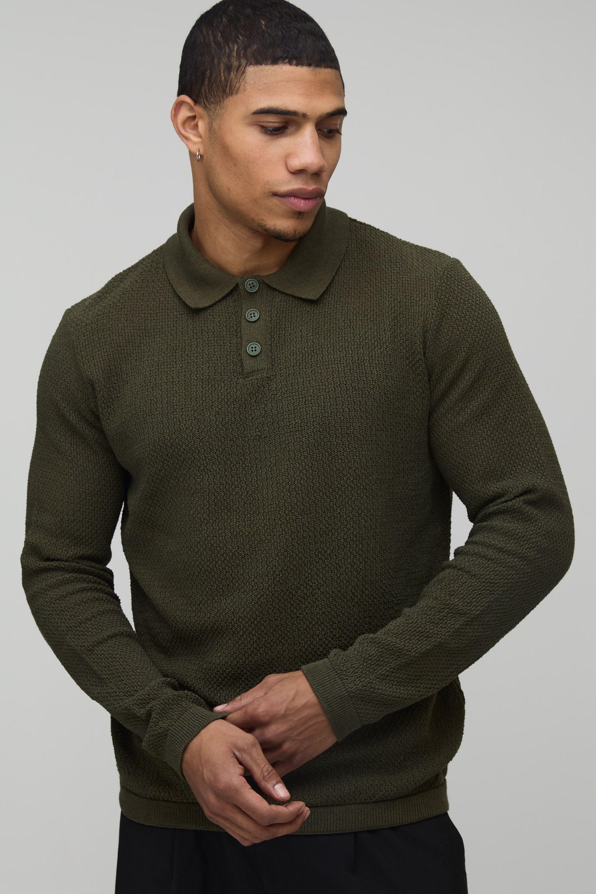 Regular Fit Long Sleeve Textured Knitted Polo by BOOHOOMAN