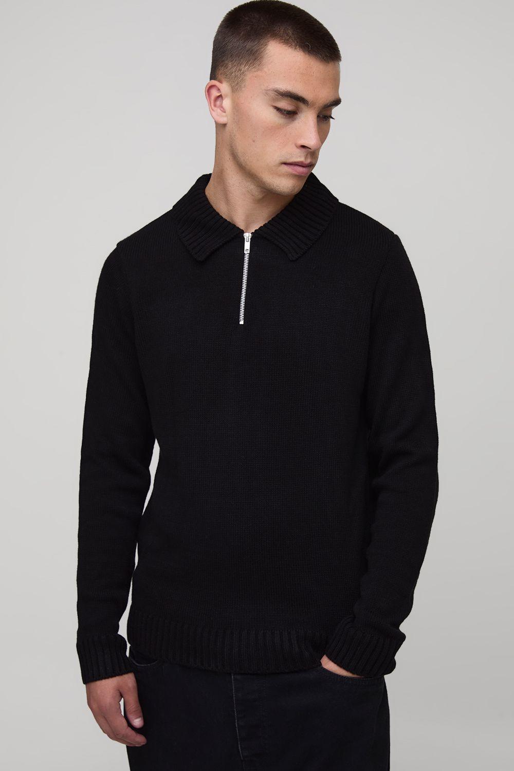 Regular Fit Long Sleeve Zip Neck Knitted Polo by BOOHOOMAN