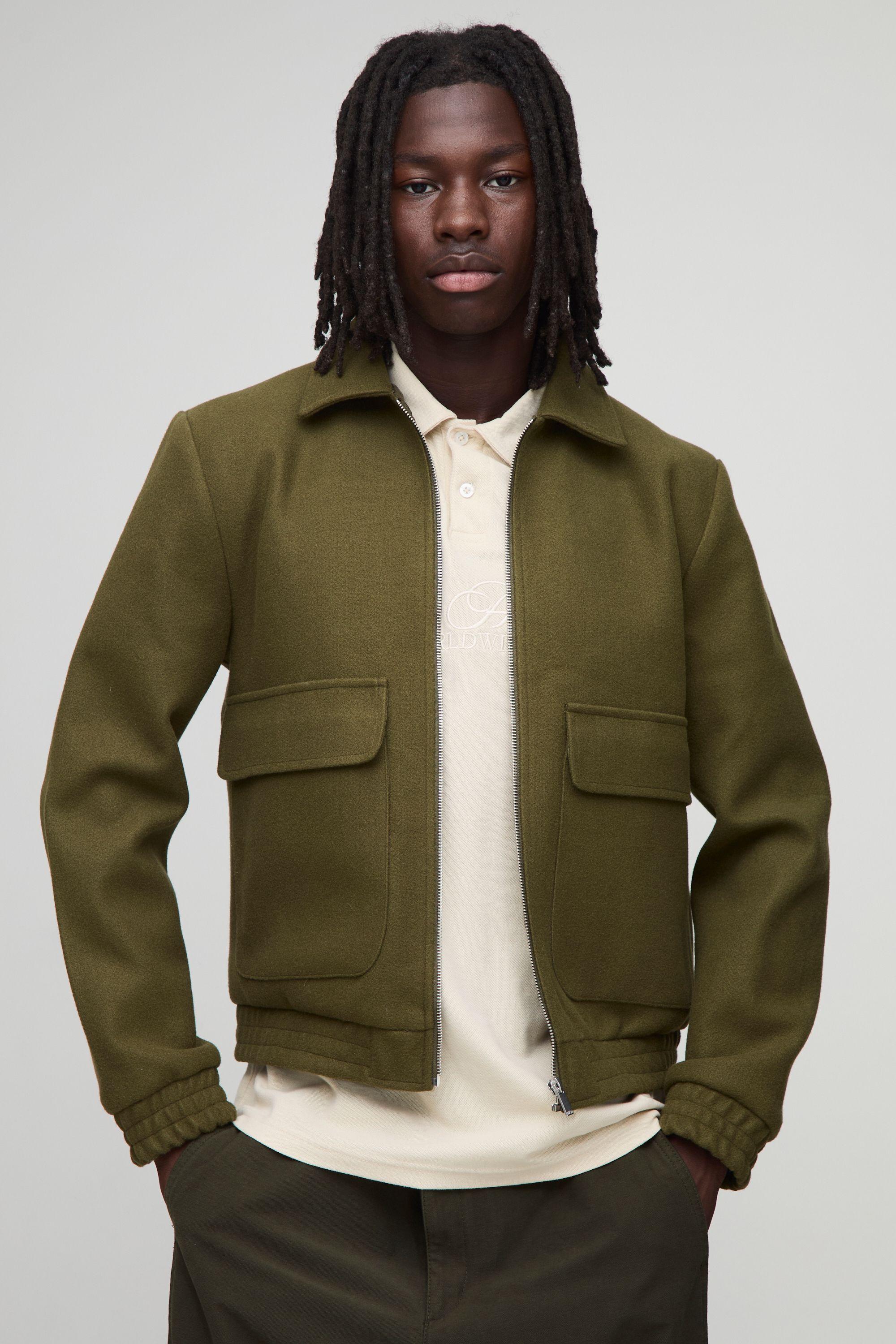 Regular Fit Melton Zip Through Harrington Jacket by BOOHOOMAN