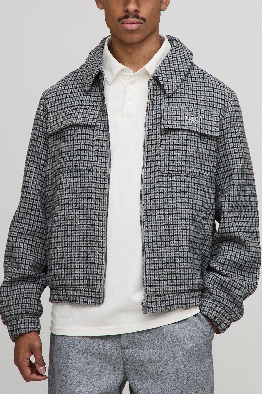 Regular Fit Micro Check Pocket Harrington Jacket by BOOHOOMAN