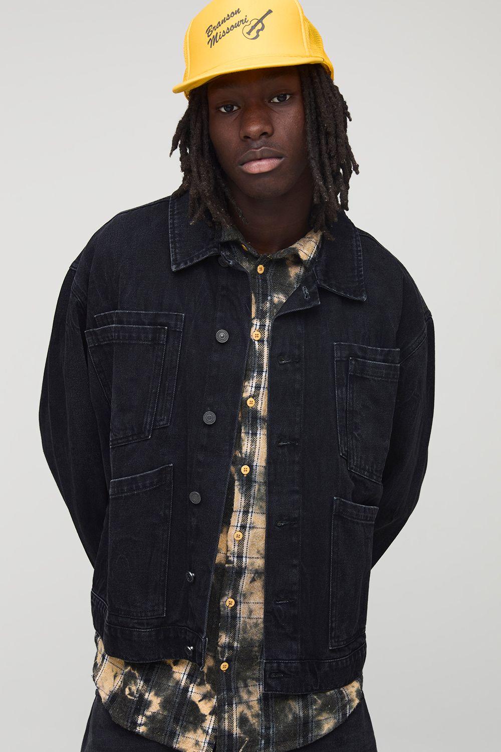 Regular Fit Multi Pocket Denim Harrington Jacket by BOOHOOMAN