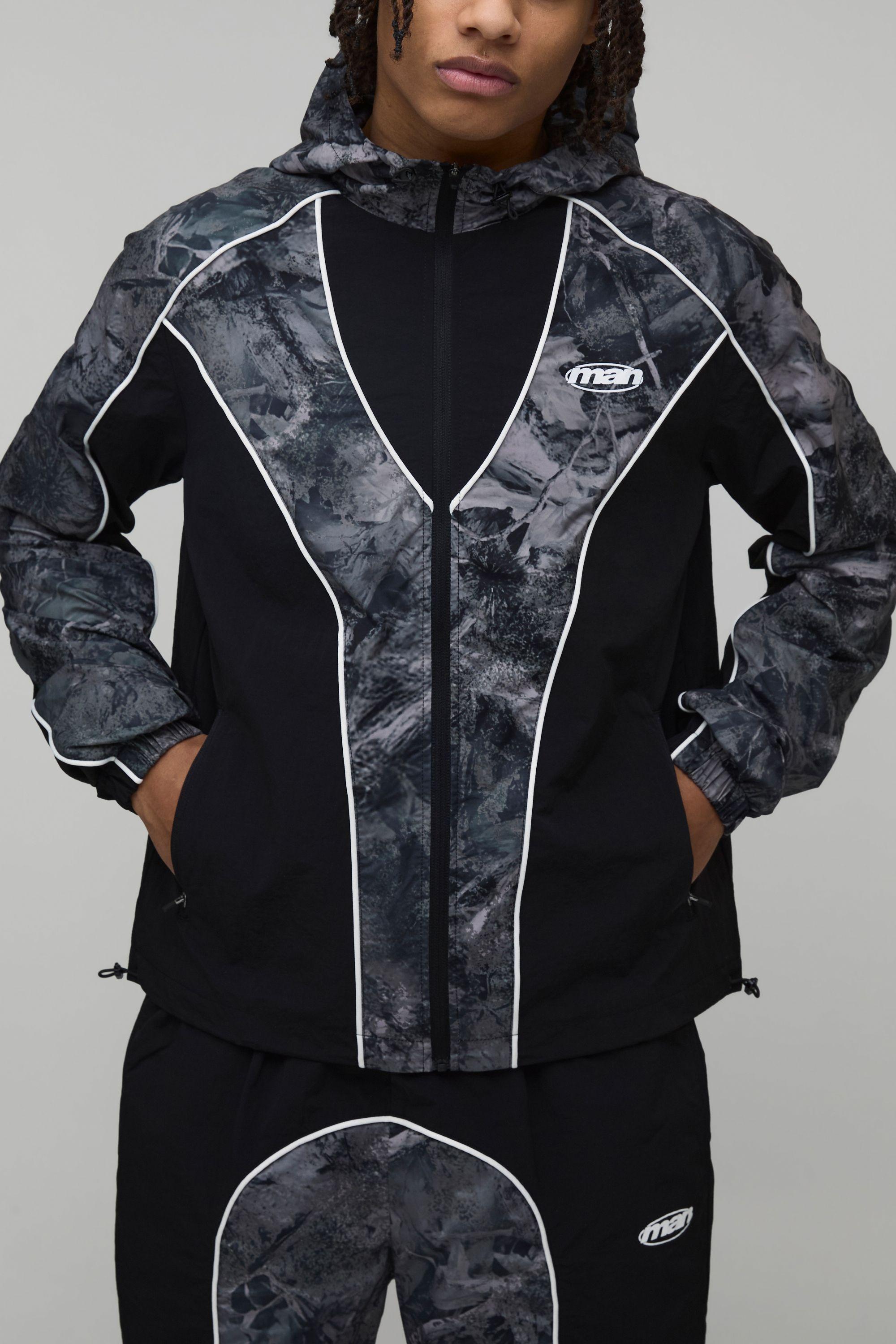 Regular Fit Nylon Camo Colour Block Piping Hooded Track Jacket by BOOHOOMAN