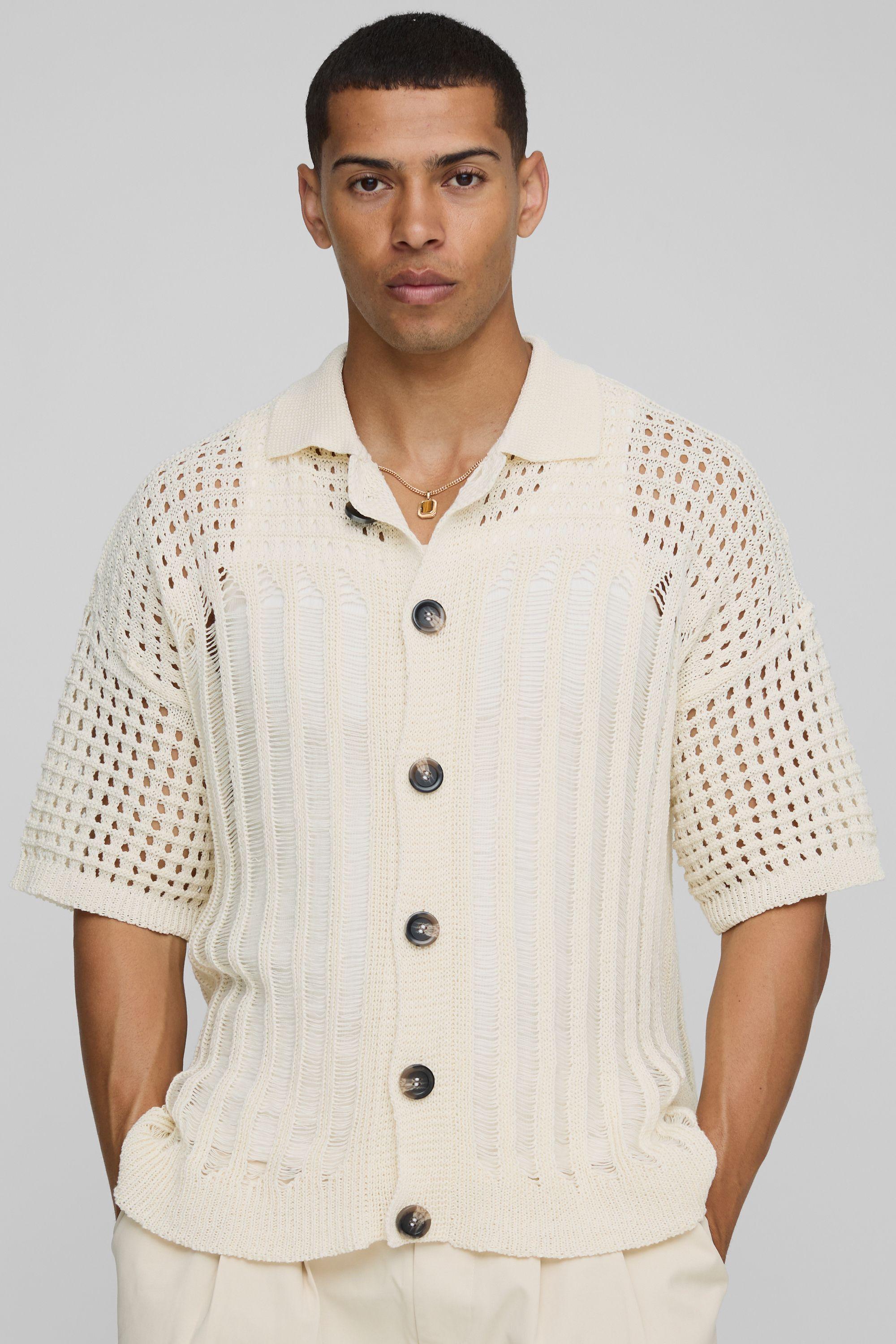 Regular Fit Open Stitch Knitted Shirt by BOOHOOMAN