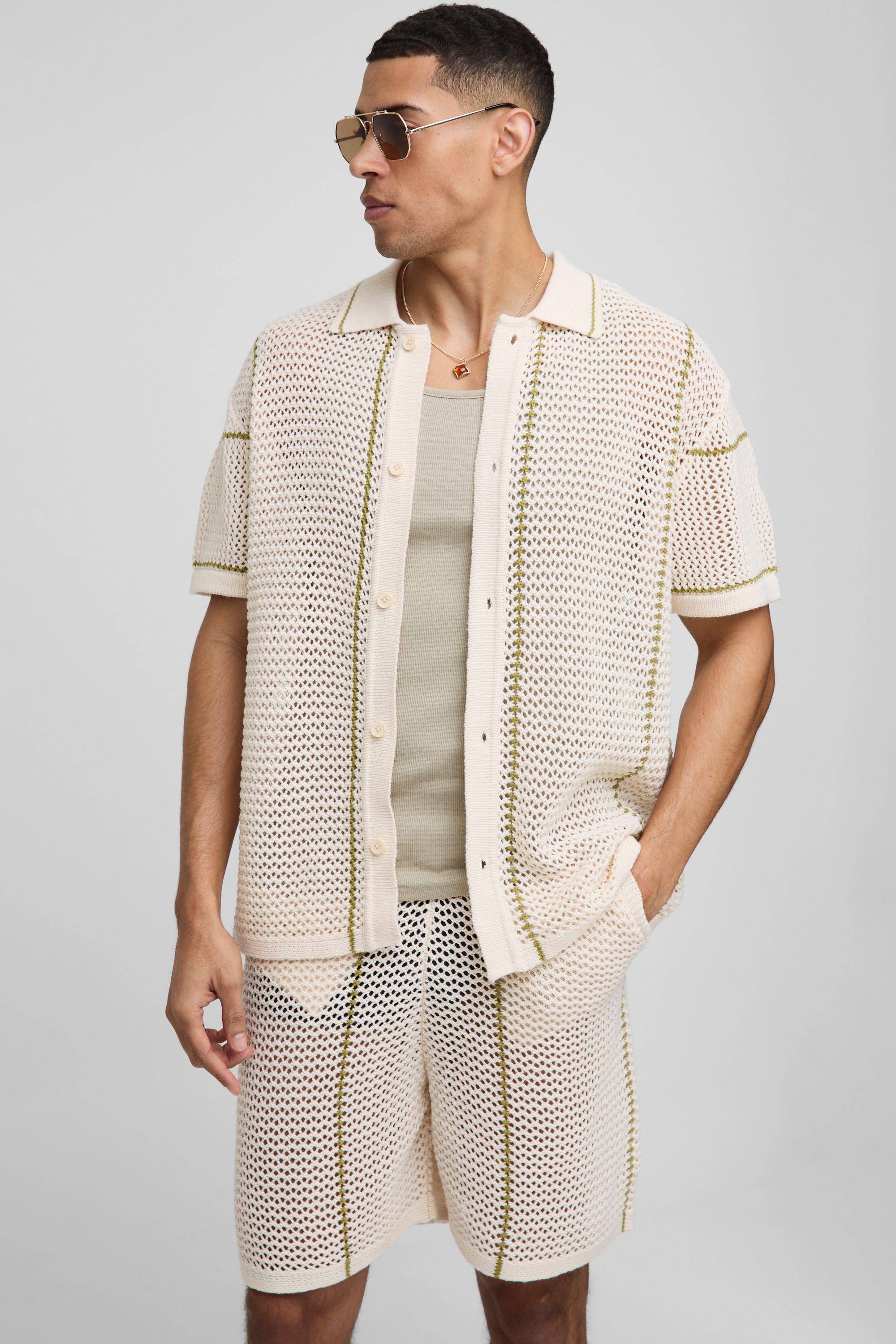 Regular Fit Open Stitch Stripe Button Through Knitted Shirt Set by BOOHOOMAN