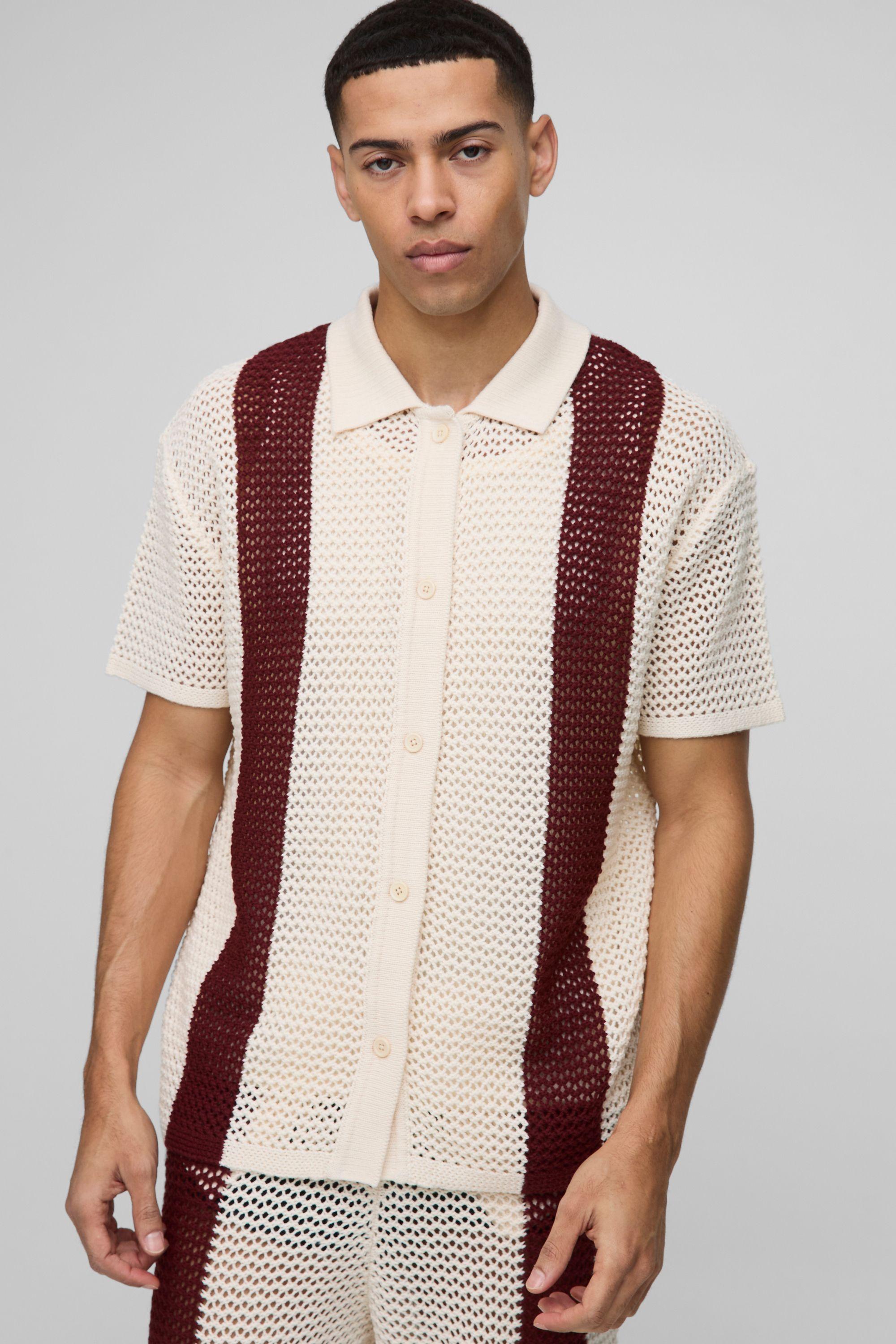 Regular Fit Open Stitch Stripe Knitted Shirt by BOOHOOMAN