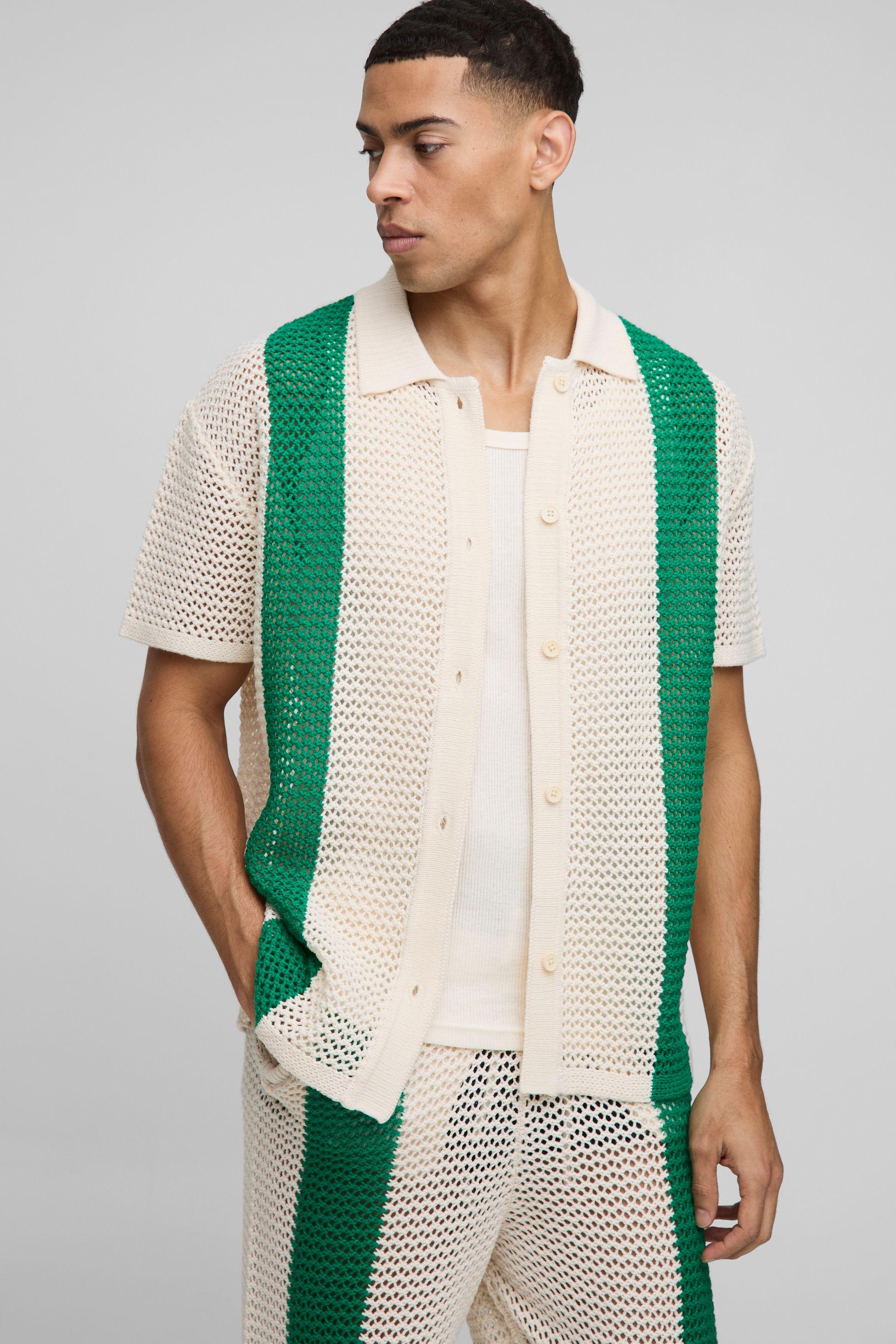 Regular Fit Open Stitch Stripe Knitted Shirt by BOOHOOMAN