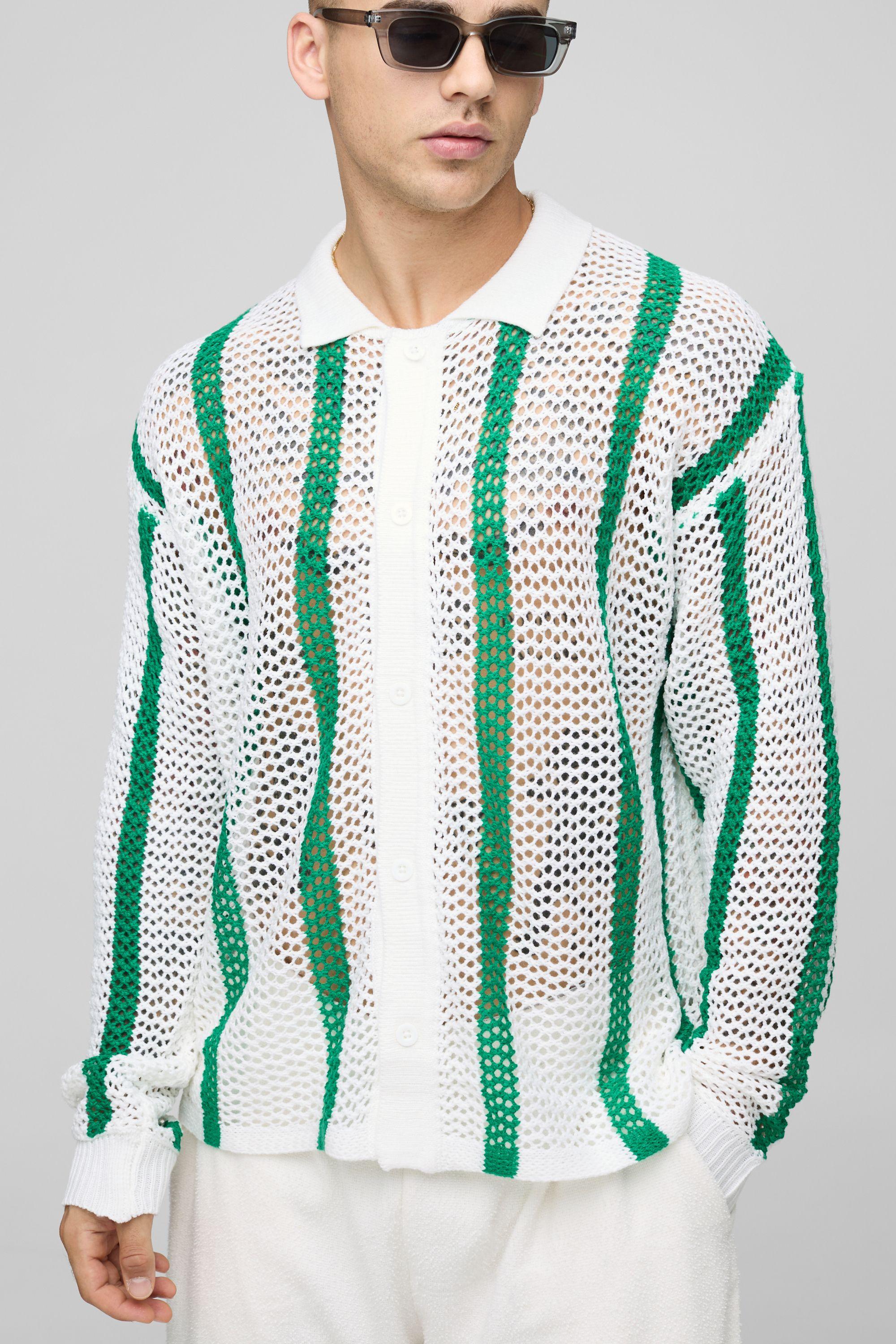 Regular Fit Open Stitch Stripe Long Sleeve Knitted Shirt by BOOHOOMAN