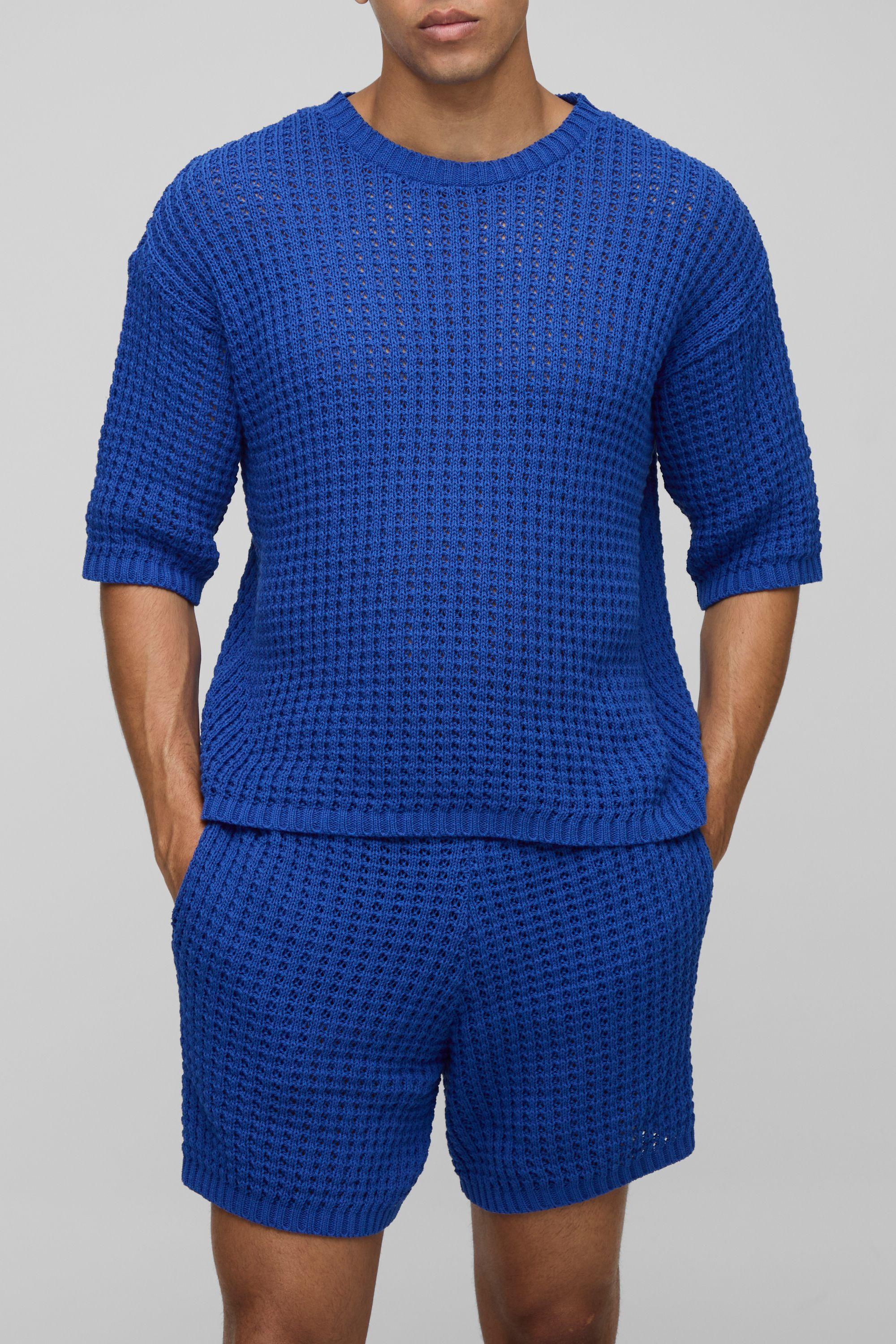 Regular Fit Open Tuck Stitch Knitted Shorts Set by BOOHOOMAN