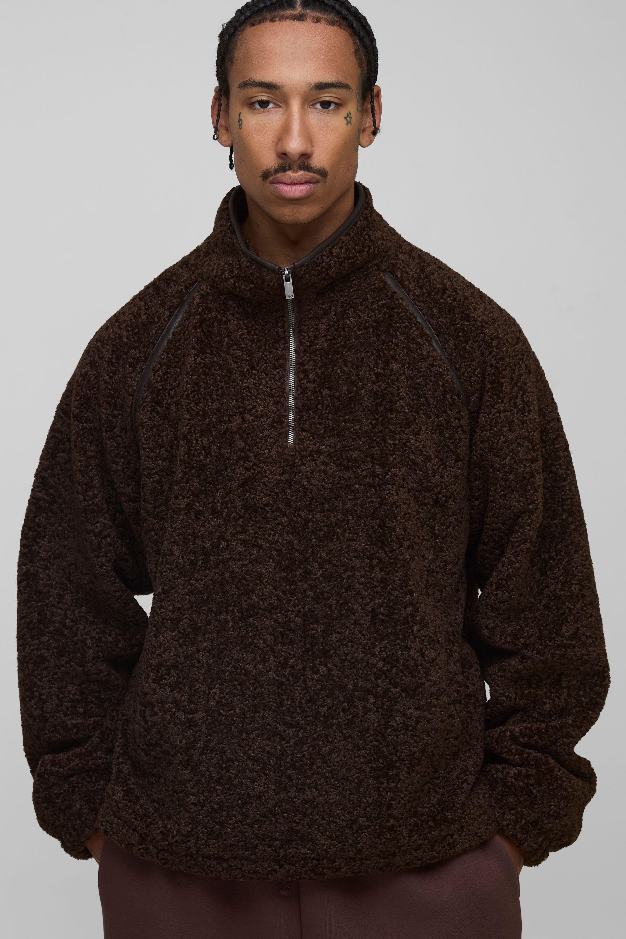 Regular Fit PU Seam Curly Borg Zip Through Jacket by BOOHOOMAN