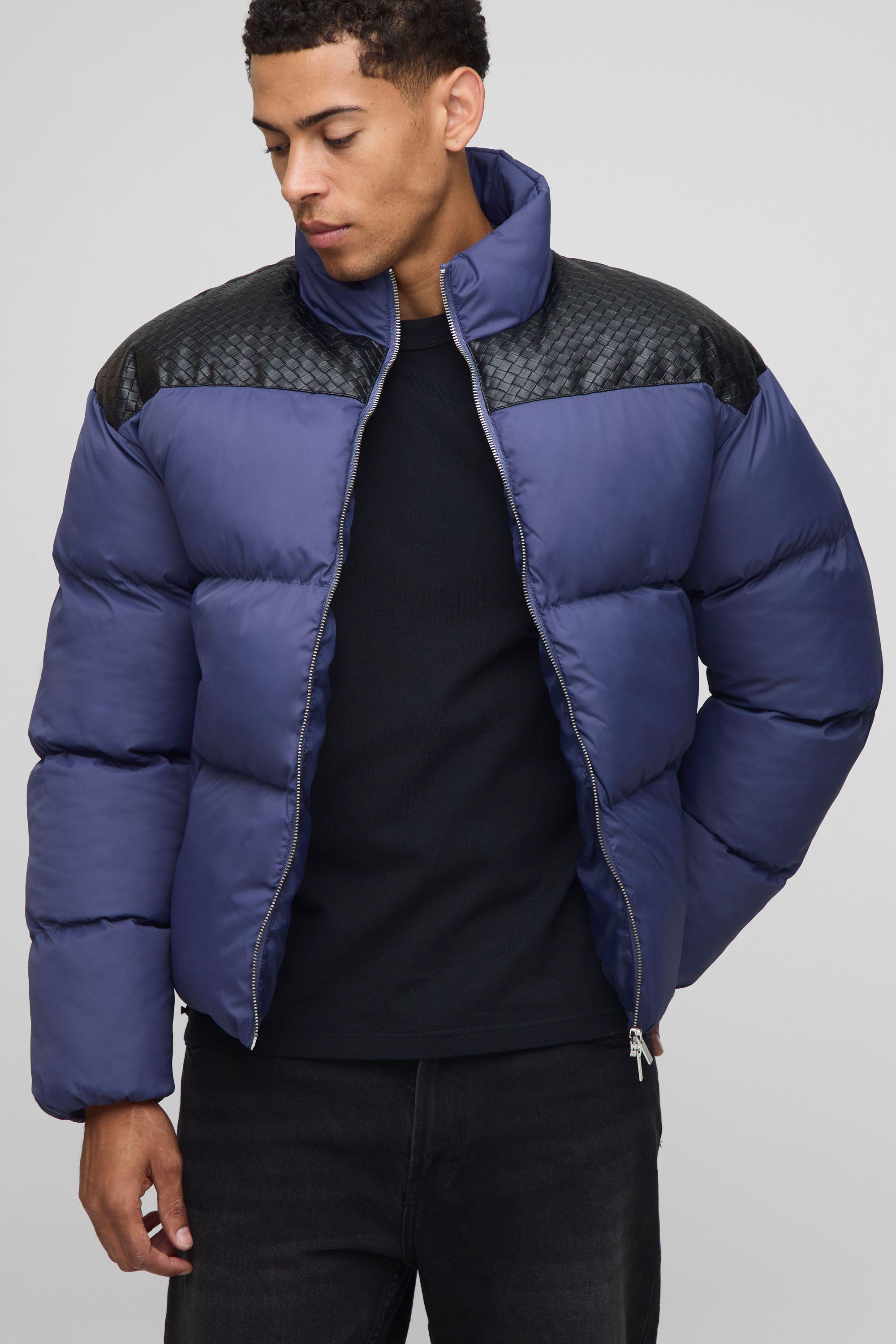 Regular Fit PU Yoke Nylon Panel Puffer Jacket by BOOHOOMAN