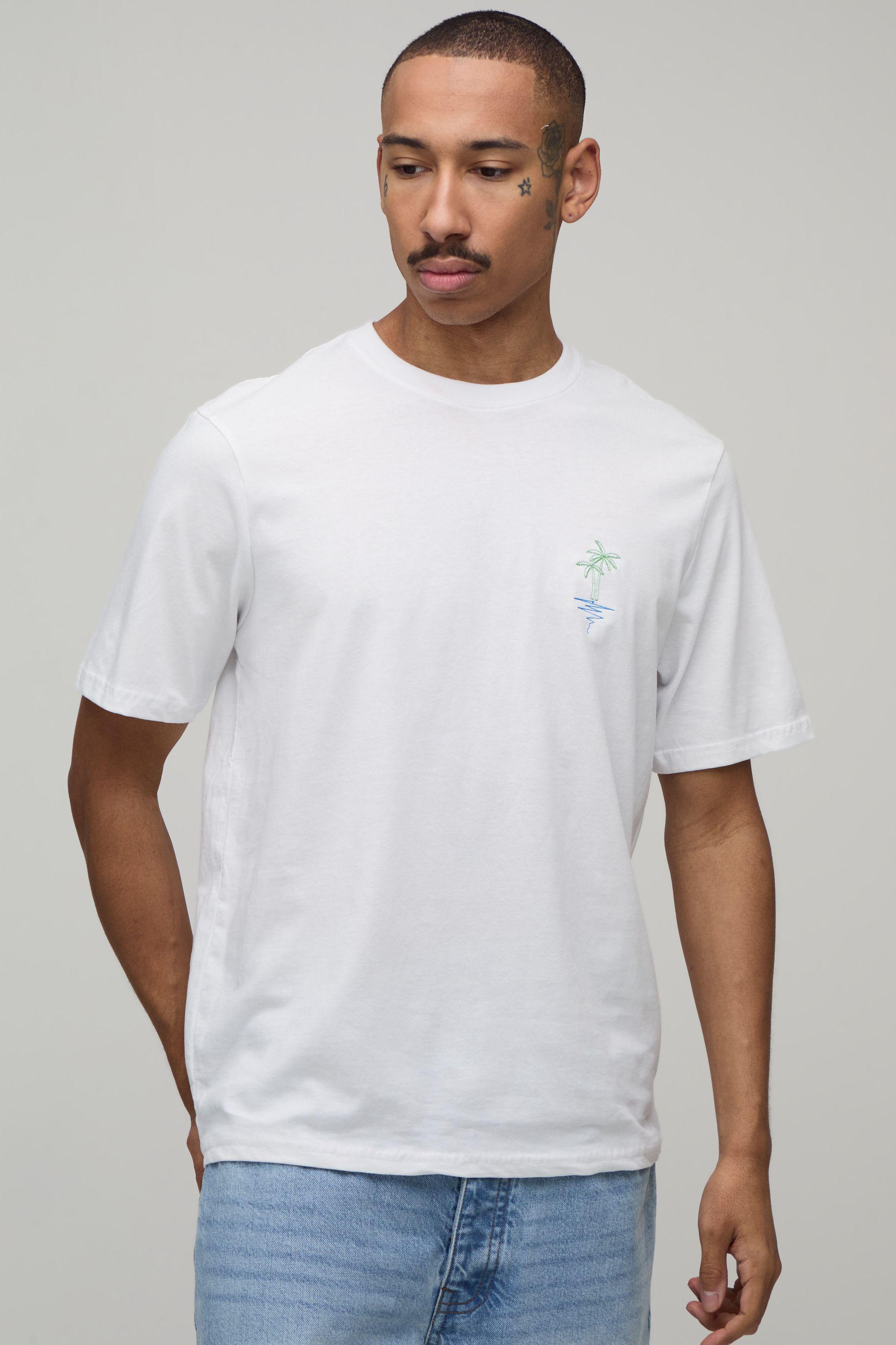 Regular Fit Palm Tree Embroidered T-Shirt by BOOHOOMAN