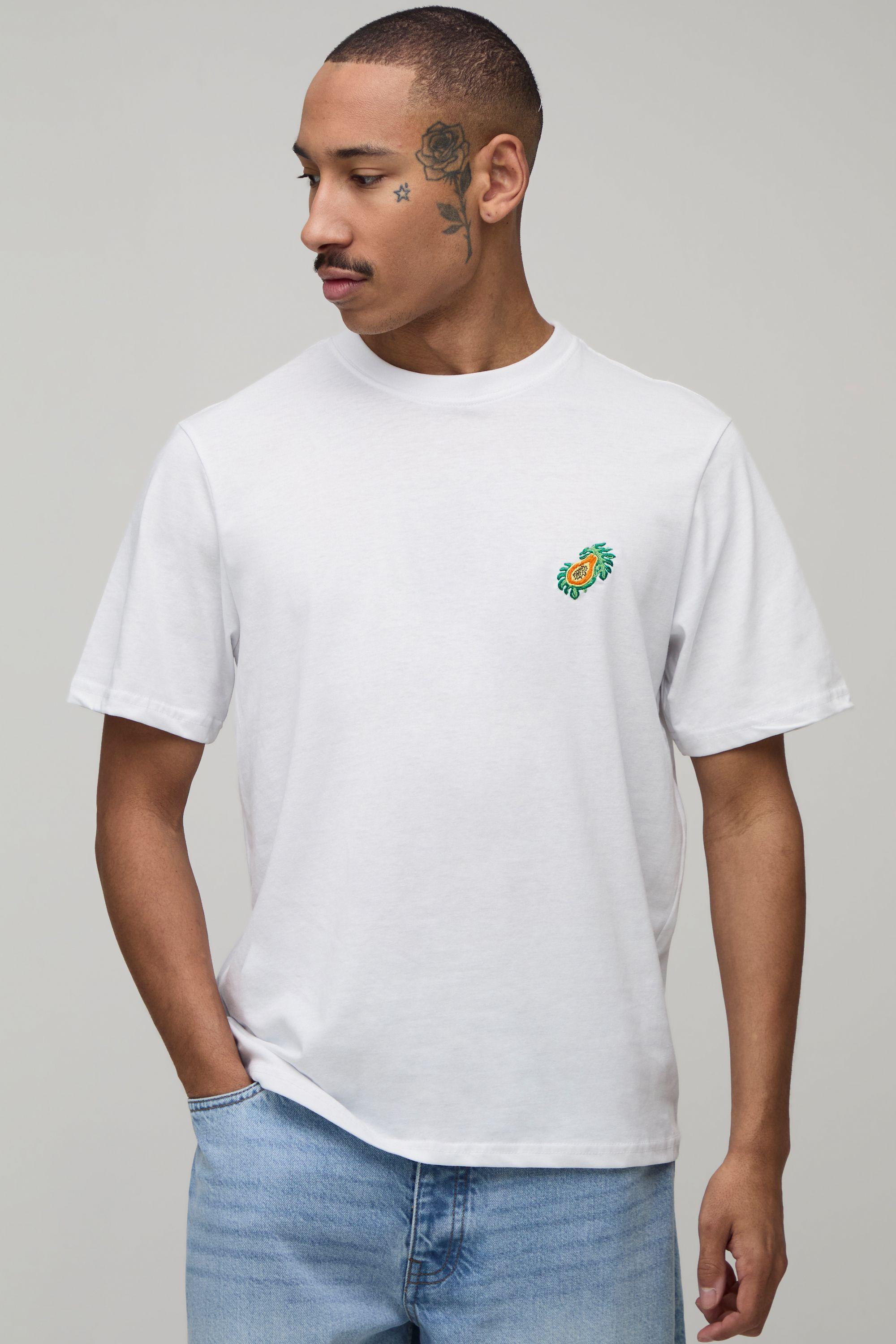 Regular Fit Papaya Embroidered T-Shirt by BOOHOOMAN
