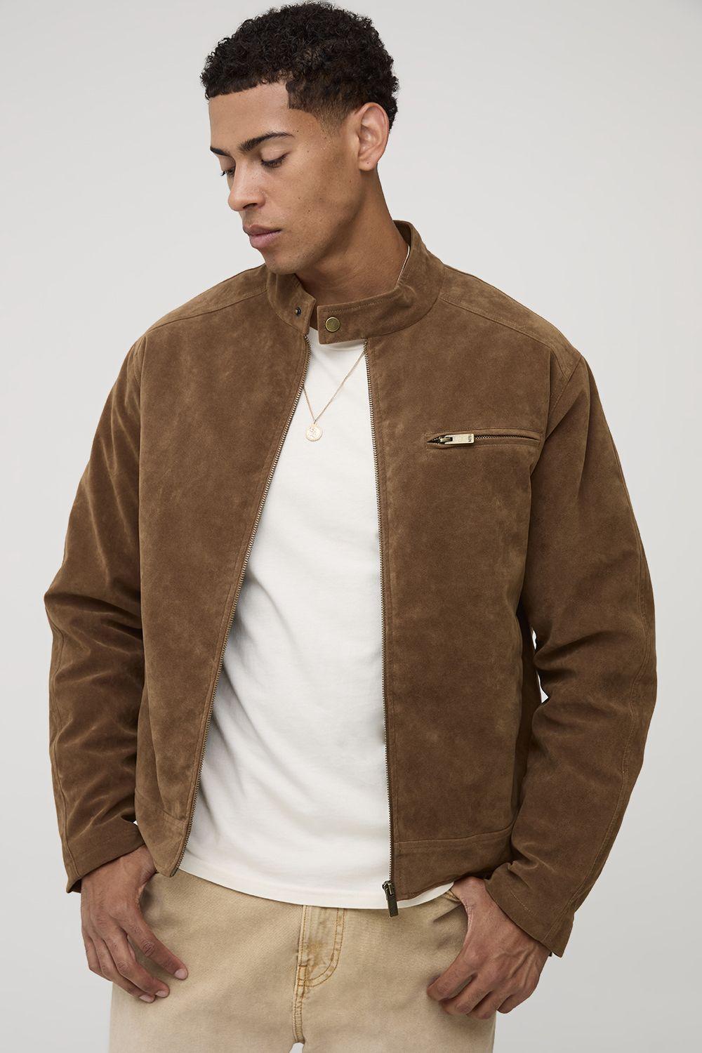 Regular Fit Peached Faux Suede Biker Jacket by BOOHOOMAN