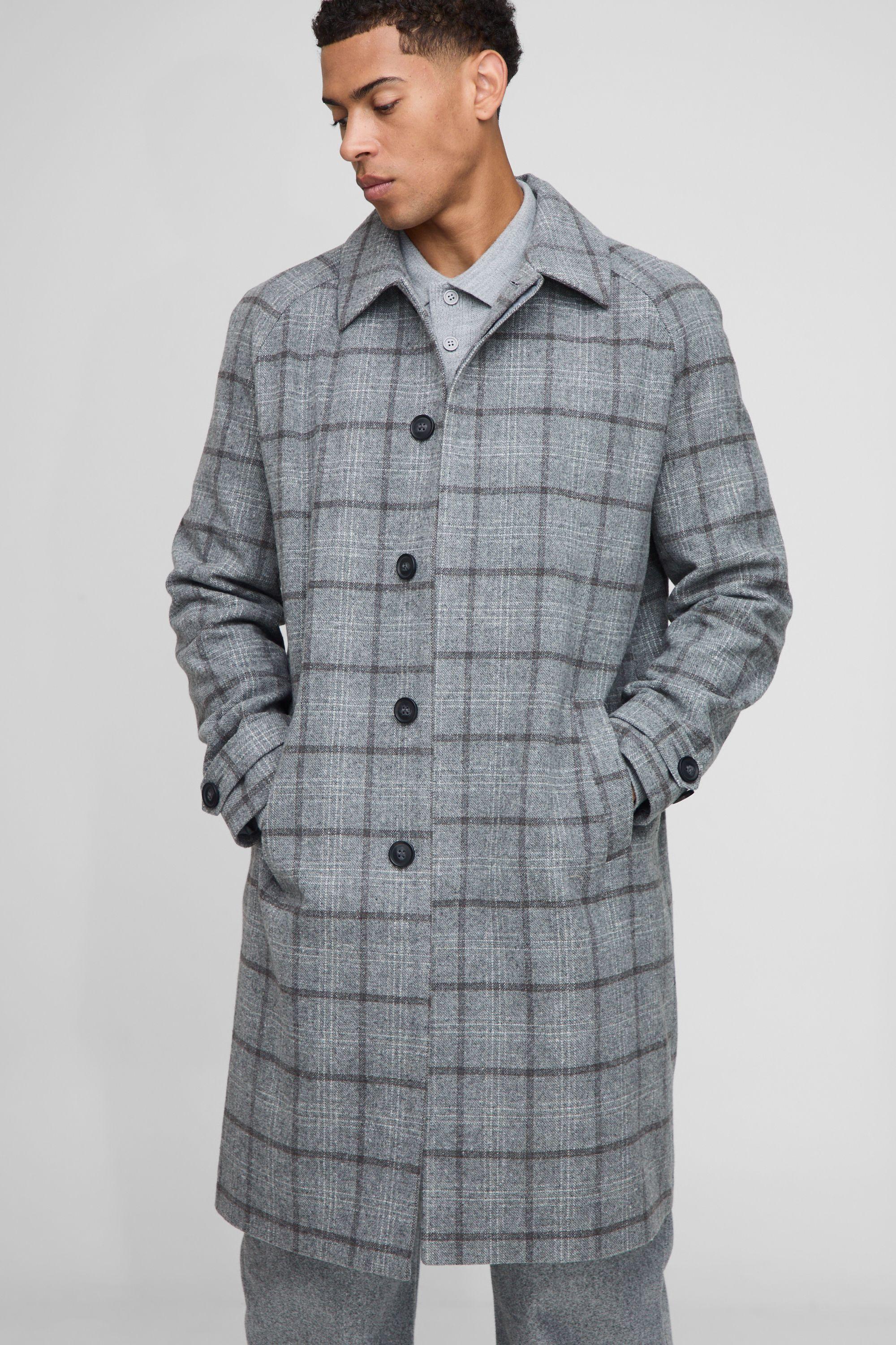 Regular Fit Raglan Single Breasted Check Collar Buckle Car Coat by BOOHOOMAN Regular Fit Raglan Single Breasted Check Collar Buckle Car Coat by BOOHOOMAN