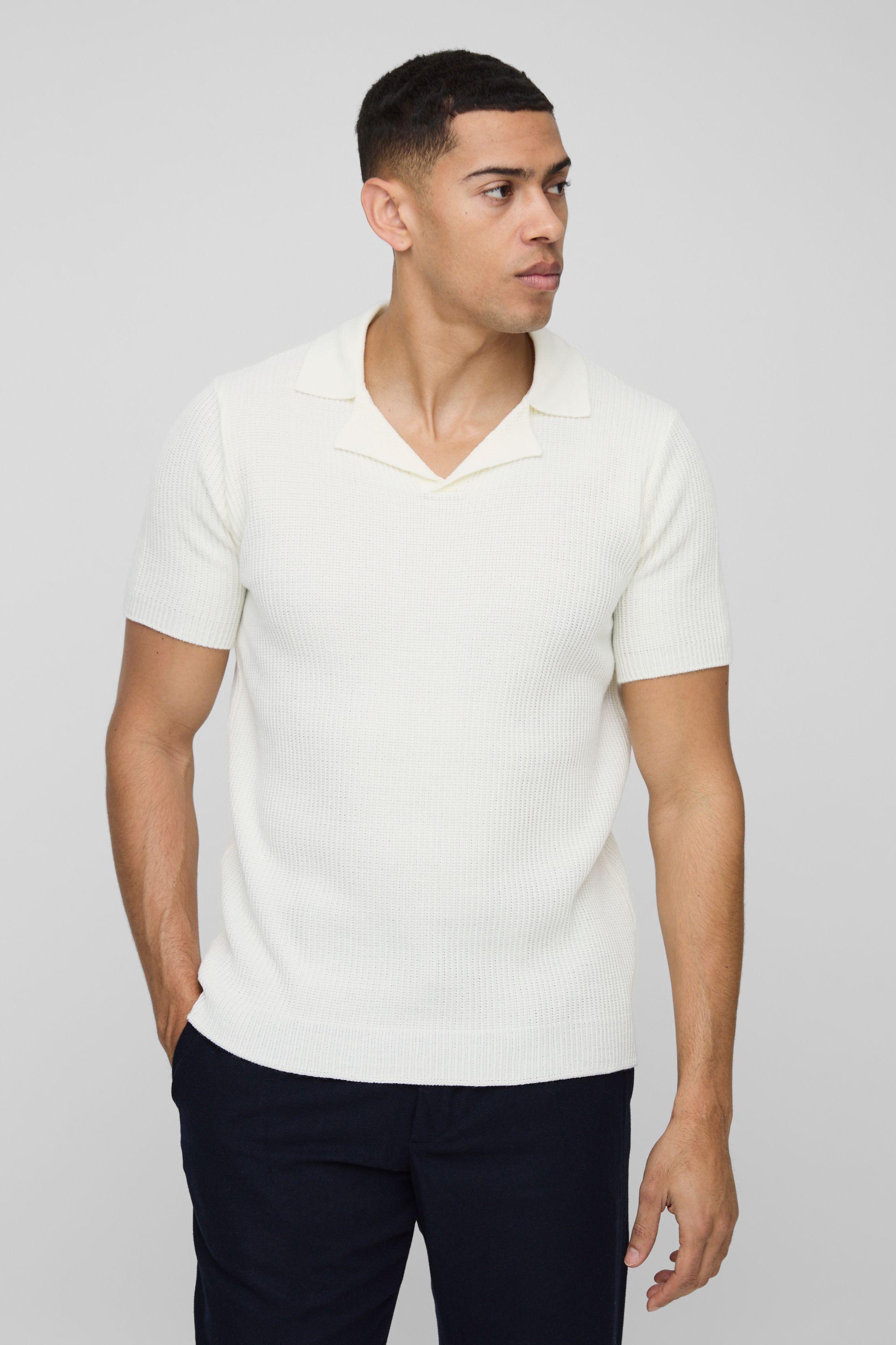 Regular Fit Ribbed Revere Knitted Polo by BOOHOOMAN