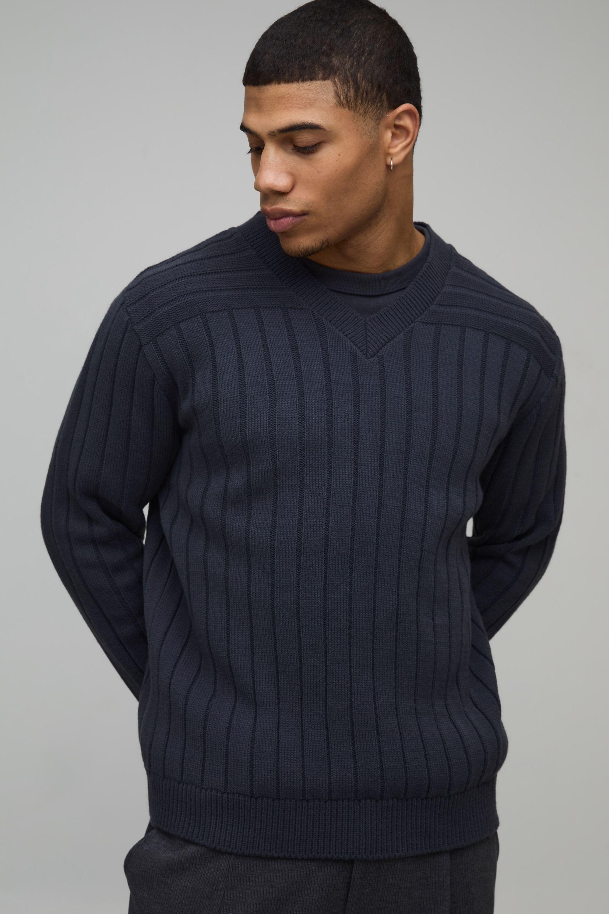 Regular Fit Ribbed V Neck Knitted Jumper by BOOHOOMAN