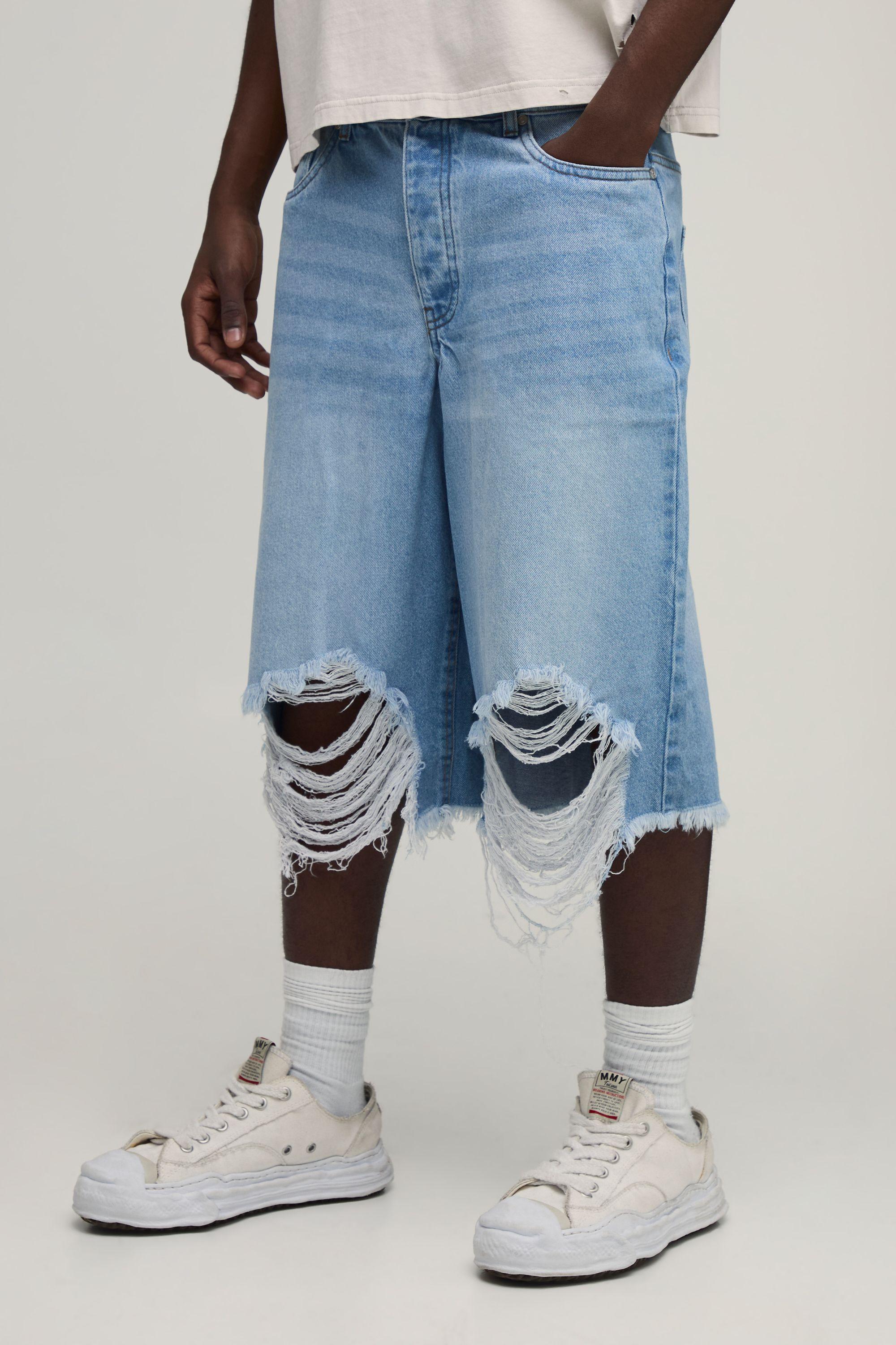 Regular Fit Ripped Long Line Denim Jorts by BOOHOOMAN