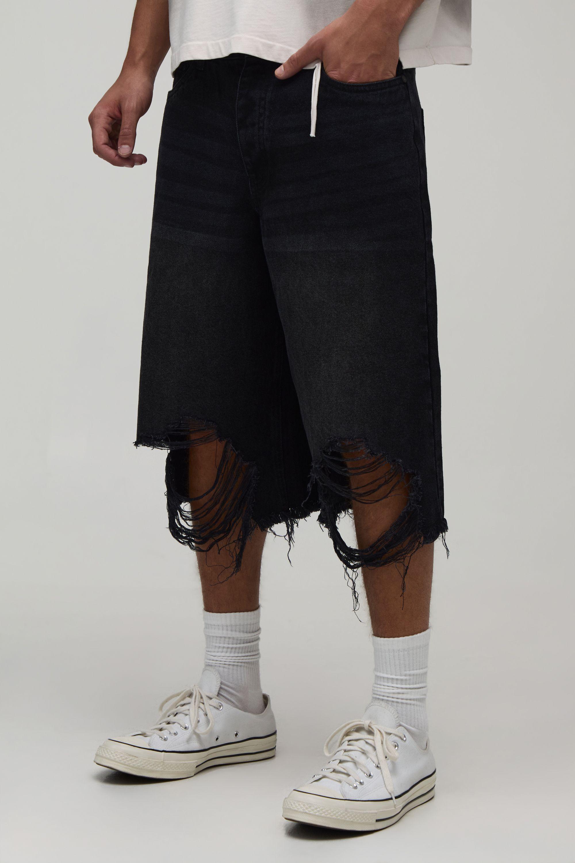 Regular Fit Ripped Long Line Jorts by BOOHOOMAN