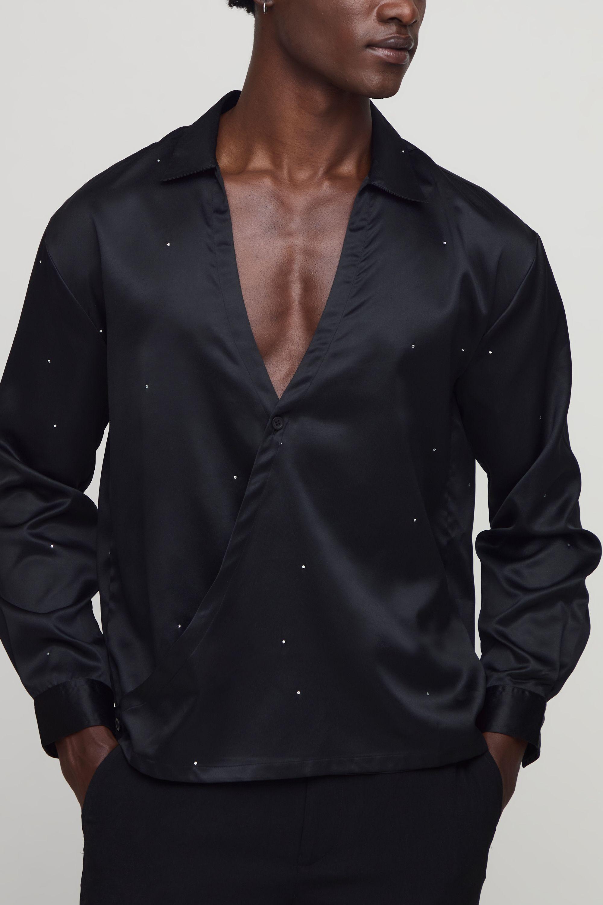 Regular Fit Satin Plunge Wrap Front Embellished Shirt by BOOHOOMAN