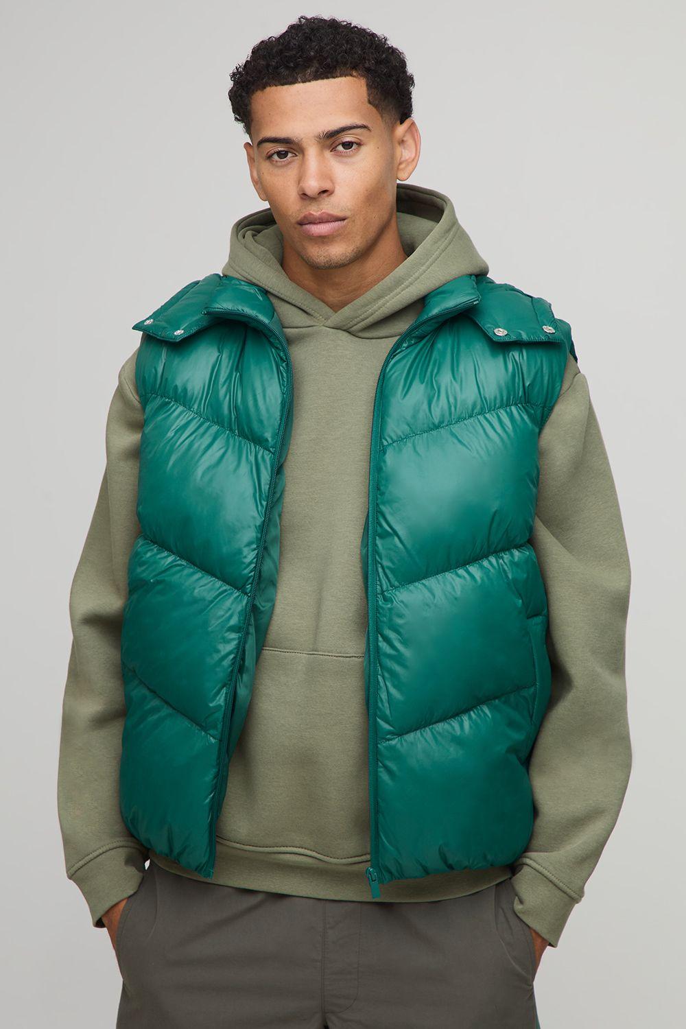 Regular Fit Sheen Panelled Hooded Funnel Puffer Gilet by BOOHOOMAN