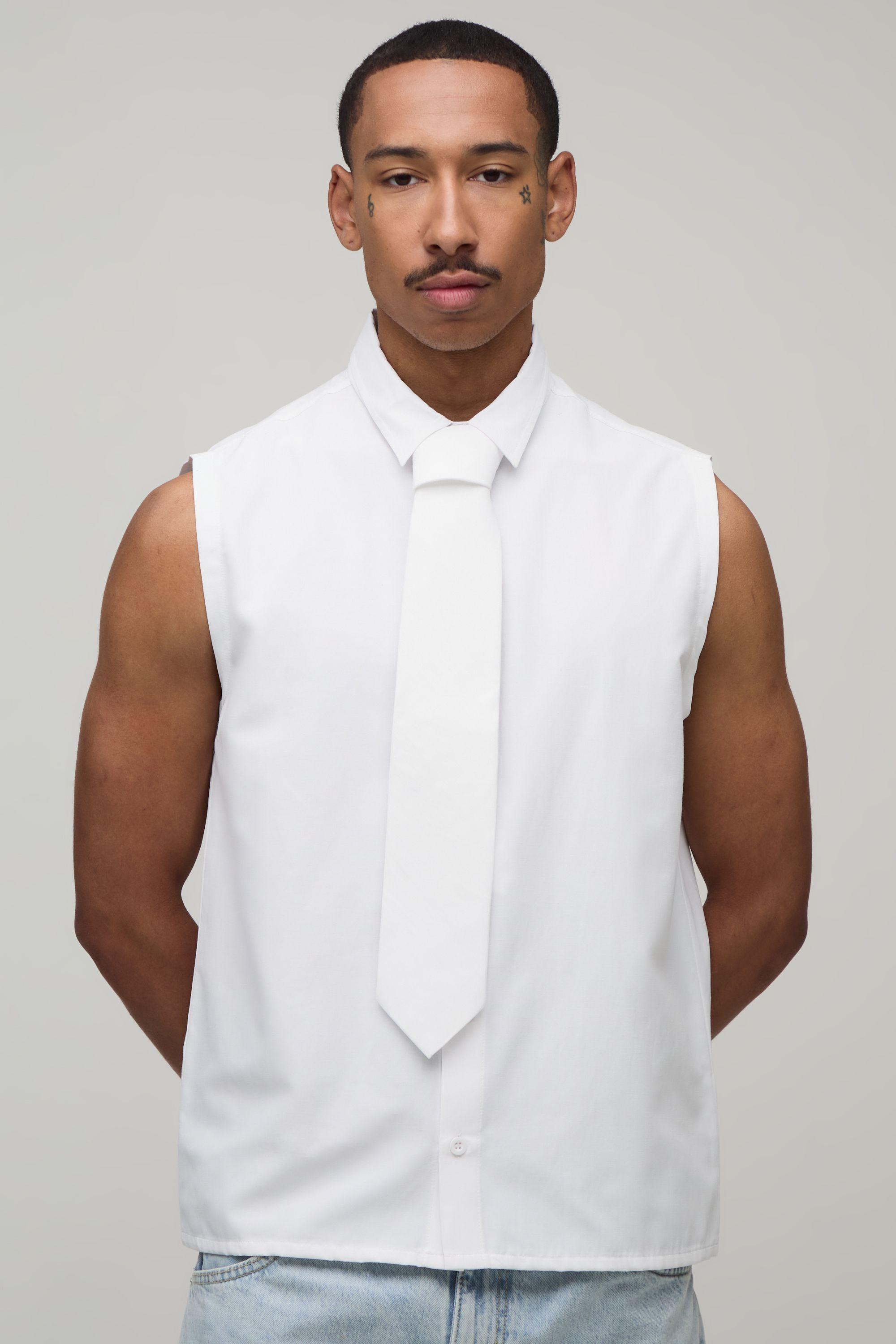 Regular Fit Sleeveless Shirt and Tie by BOOHOOMAN