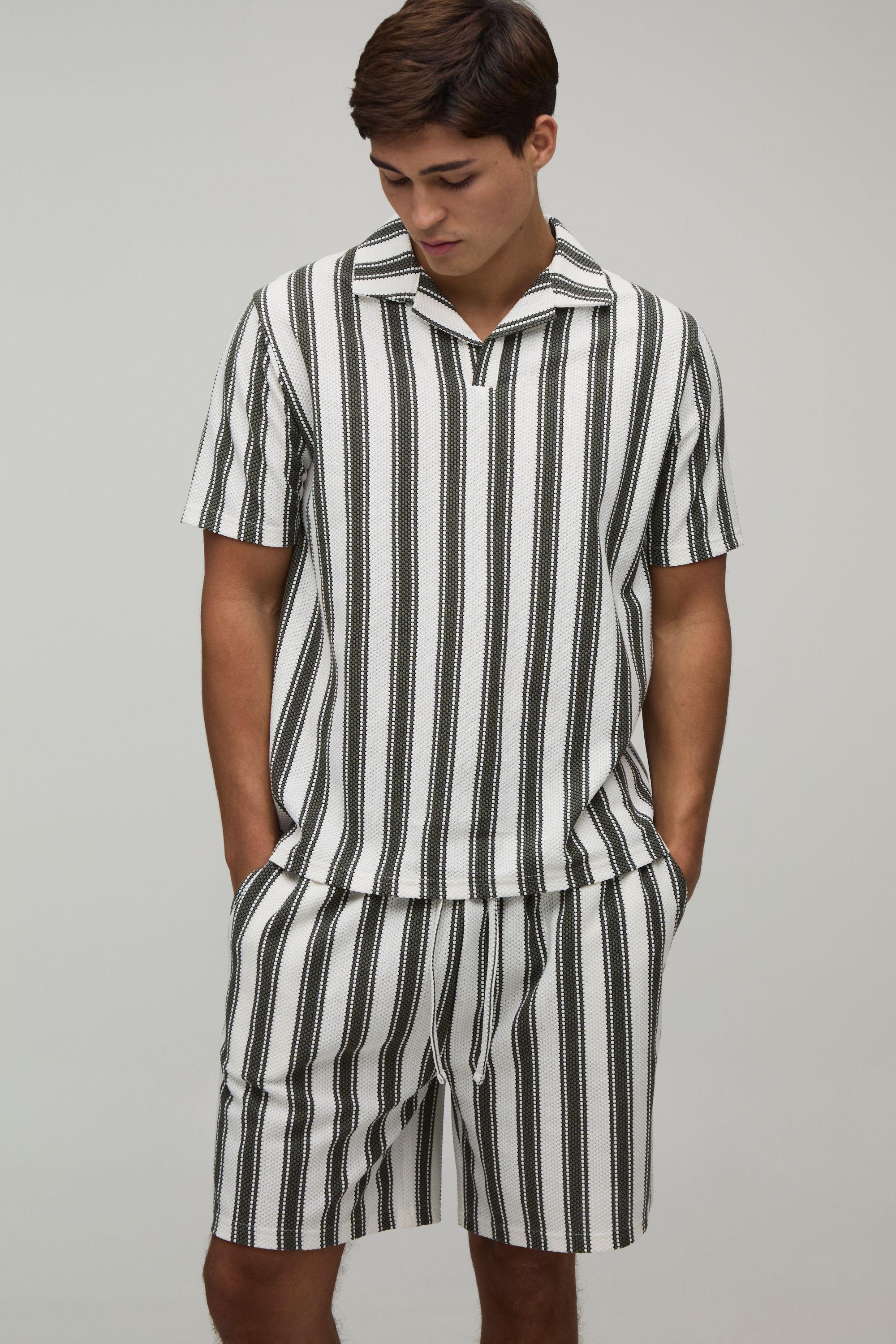 Regular Fit Stripe Revere Polo & Shorts Set by BOOHOOMAN