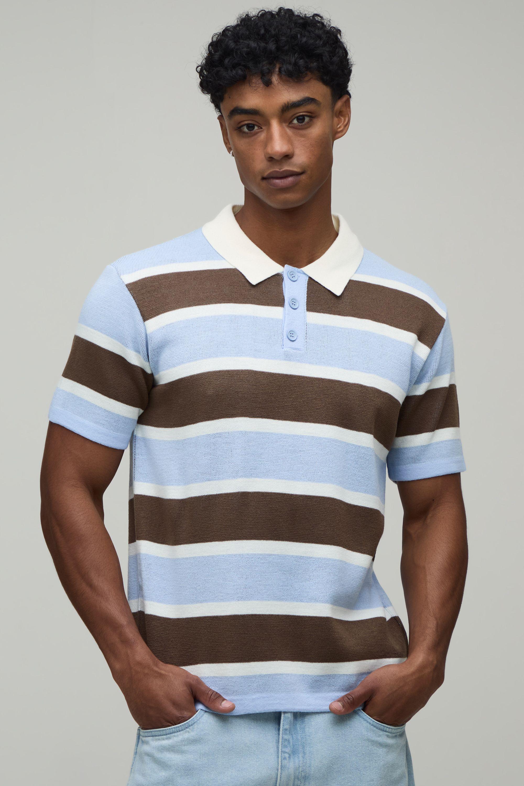 Regular Fit Striped Knitted Polo by BOOHOOMAN