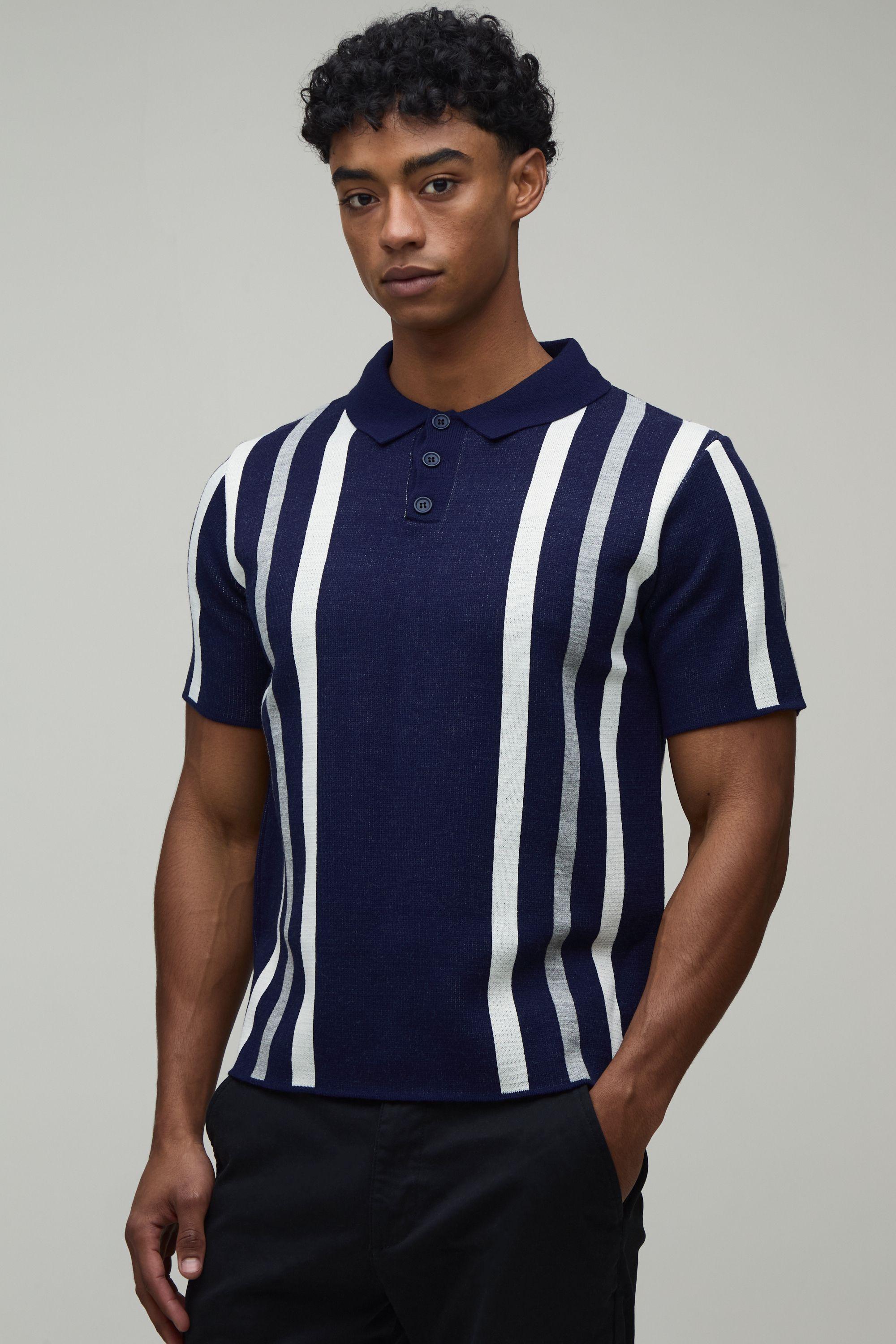 Regular Fit Striped Knitted Polo by BOOHOOMAN