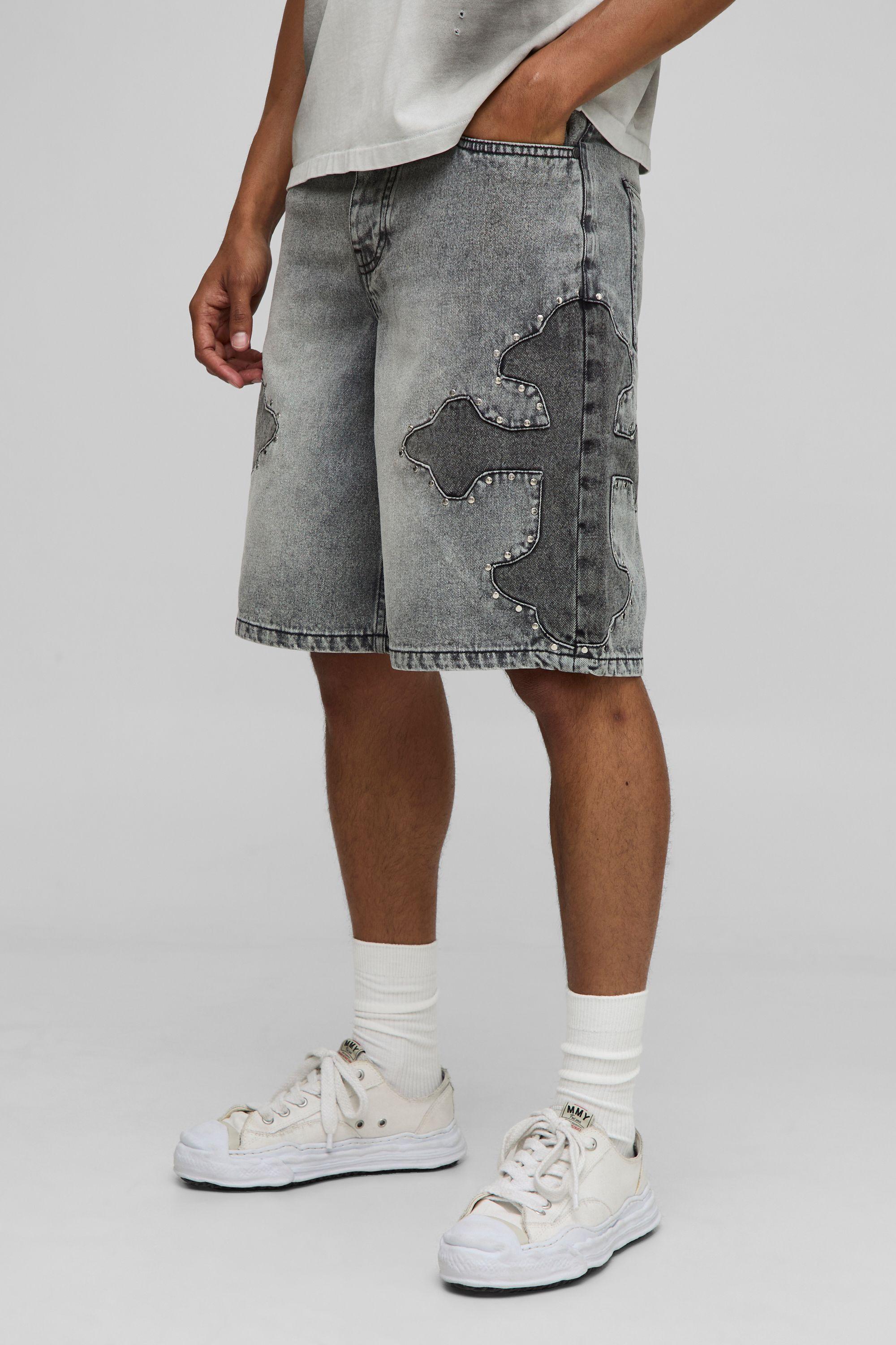 Regular Fit Studded Applique Cross Jorts by BOOHOOMAN
