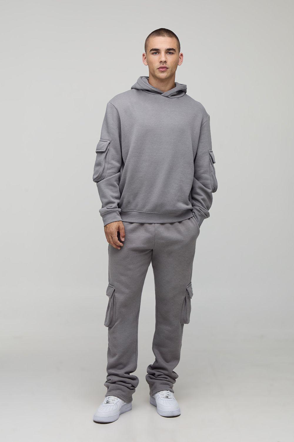 Regular Fit Super Stacked Woven Tab Cargo Hooded Tracksuit by BOOHOOMAN