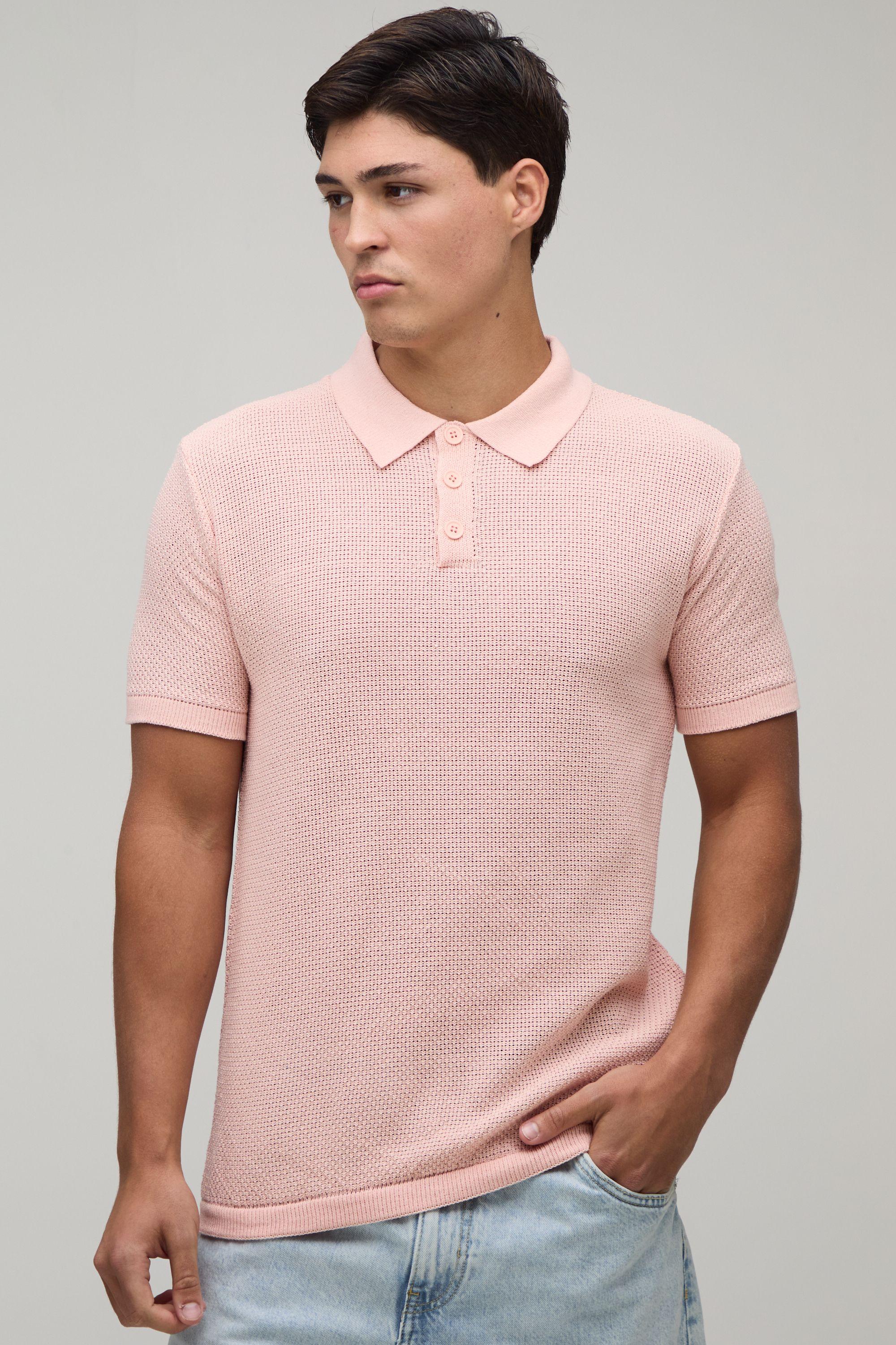 Regular Fit Textured Button Up Knitted Polo by BOOHOOMAN
