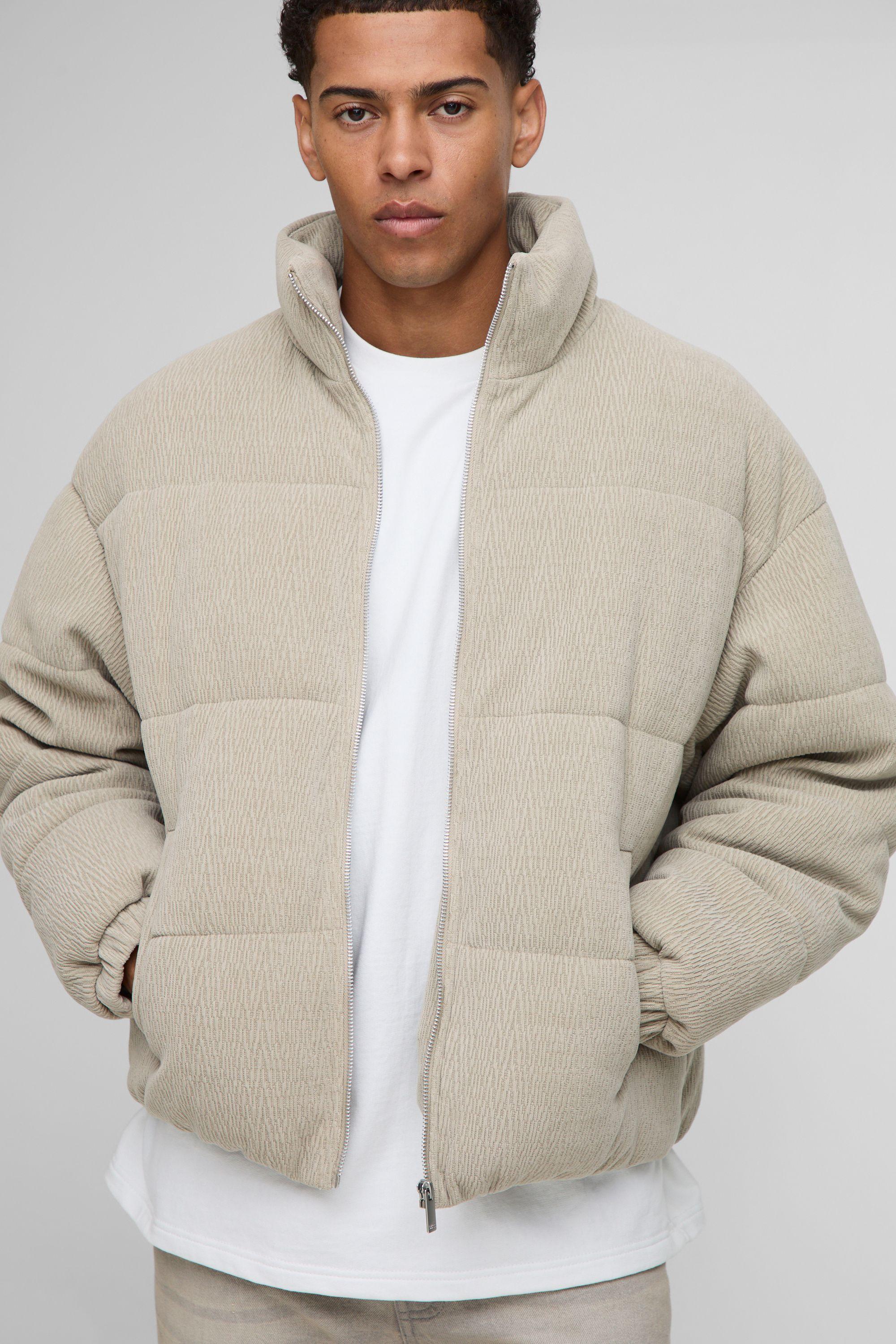 Regular Fit Textured Faux Suede Funnel Neck Puffer Jacket by BOOHOOMAN