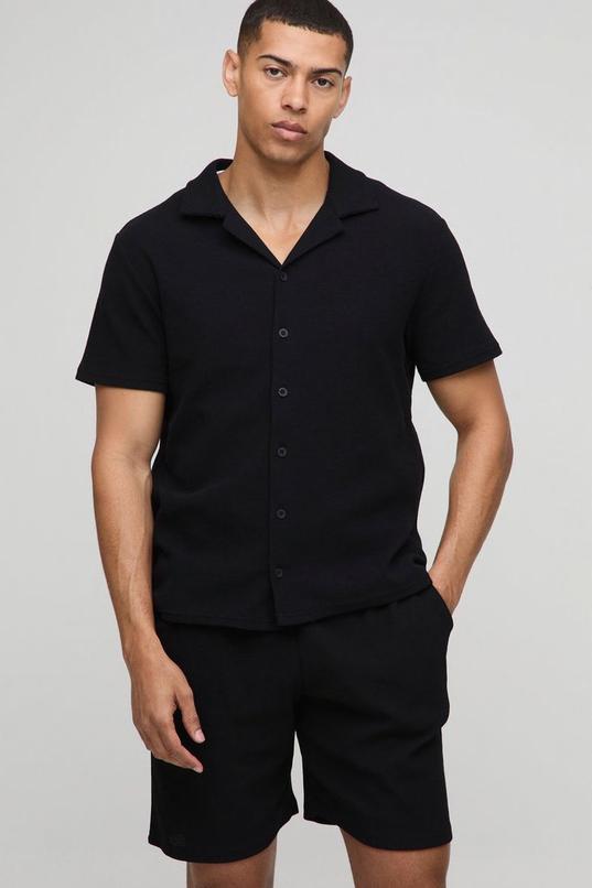 Regular Fit Textured Revere Collar Jersey Slub Shirt and Shorts Set by BOOHOOMAN