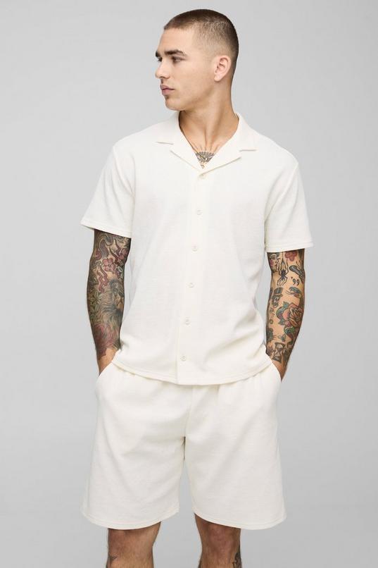 Regular Fit Textured Revere Collar Jersey Slub Shirt and Shorts Set by BOOHOOMAN
