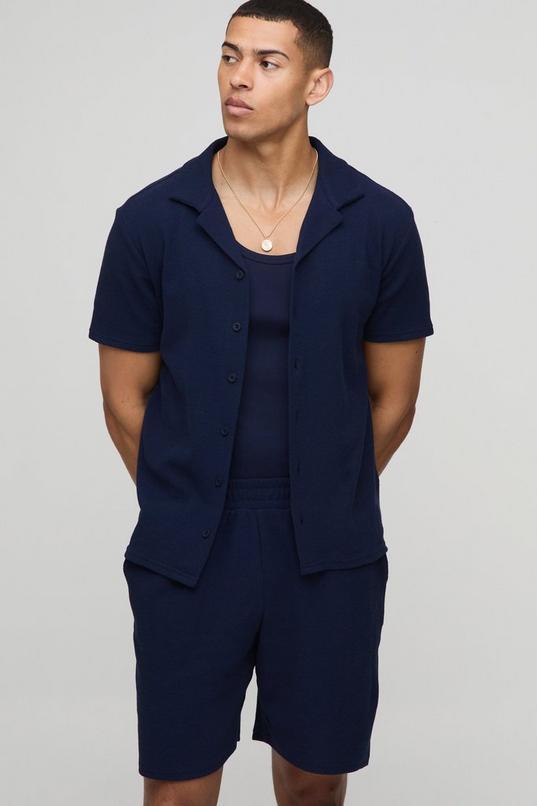 Regular Fit Textured Revere Collar Jersey Slub Shirt and Shorts Set by BOOHOOMAN