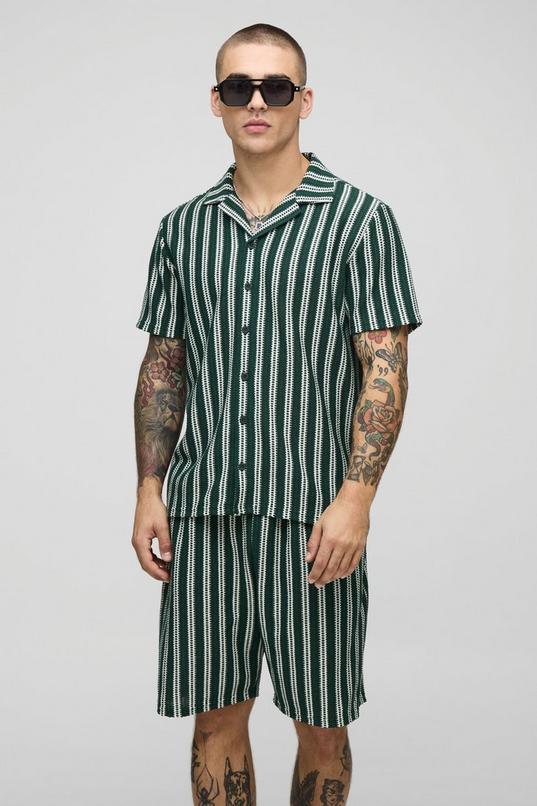 Regular Fit Textured Stripe Revere Collar Jersey Shirt and Shorts Set by BOOHOOMAN