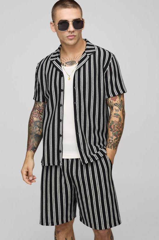 Regular Fit Textured Stripe Revere Collar Jersey Shirt and Shorts Set by BOOHOOMAN