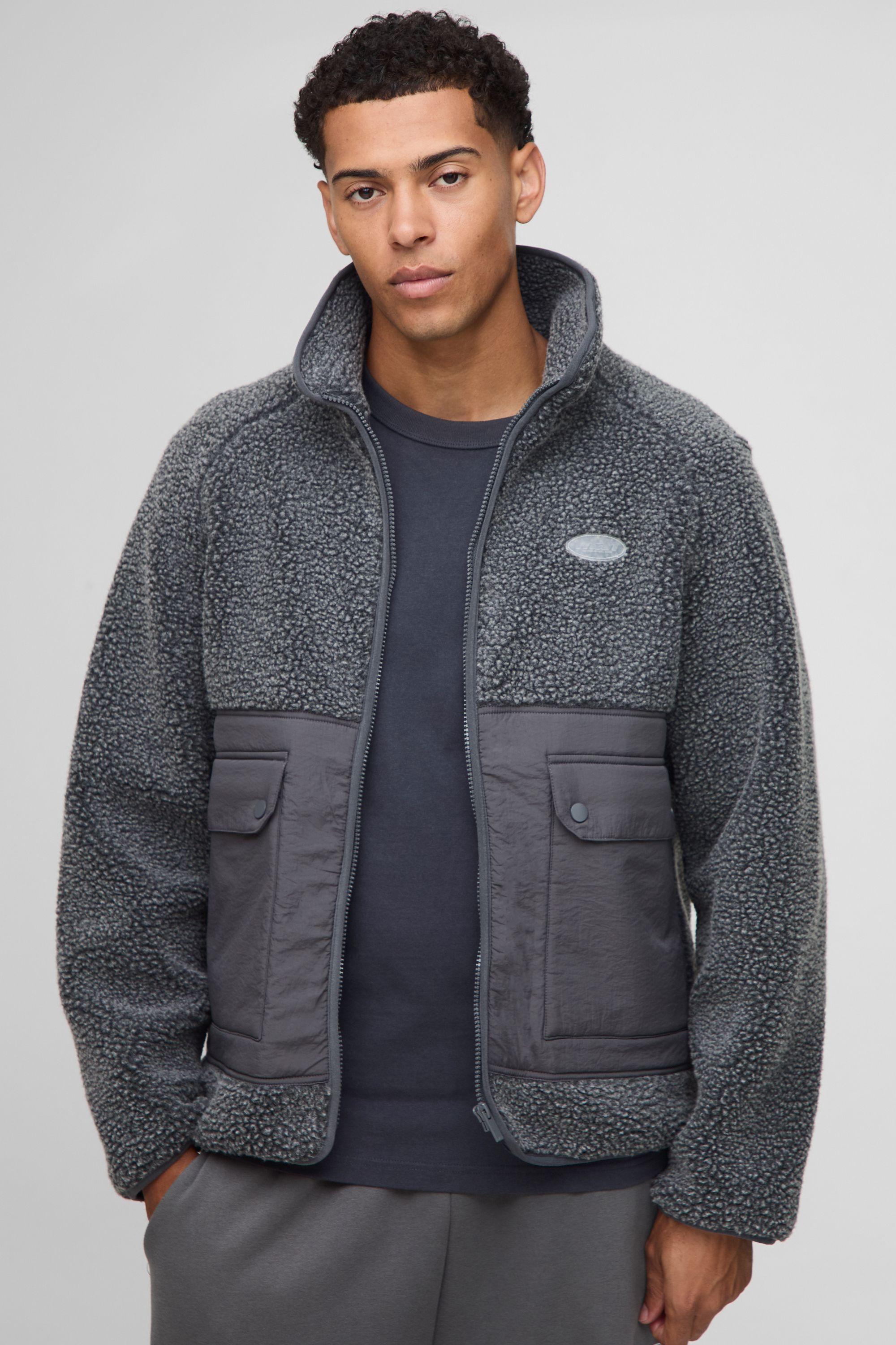 Regular Fit Two Tone Borg Nylon Mix Funnel Neck Zip Through Jacket by BOOHOOMAN Regular Fit Two Tone Borg Nylon Mix Funnel Neck Zip Through Jacket by BOOHOOMAN